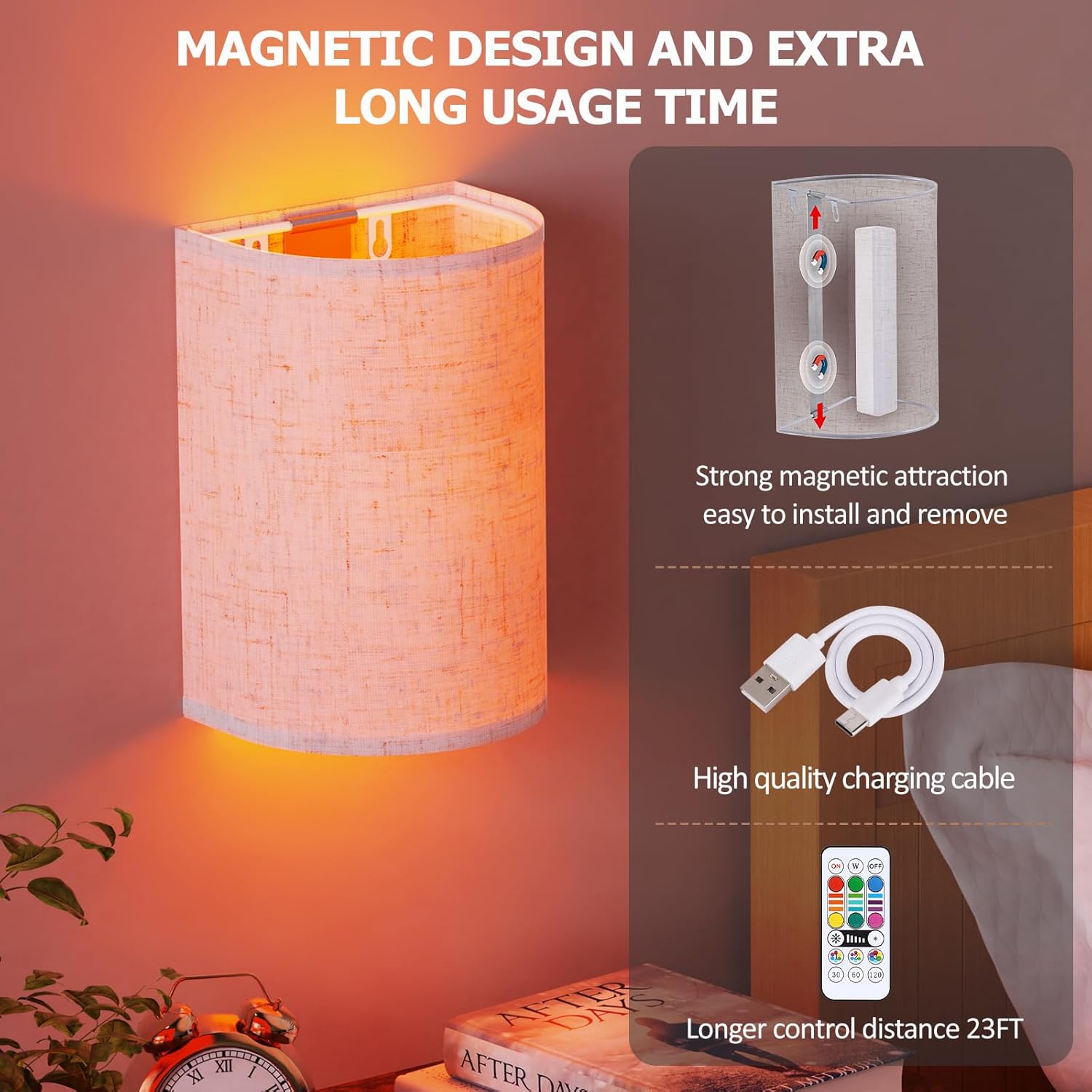 Battery Operated Wall Sconce: Wireless Wall Sconces Set of Two Magnetic Wall Lamp Rechargeable Wall Lights 16 RGB Colors Fabric Linen Shade with Remote Wall Decor for Bedroom Living Room Hallway - Grand Goldman