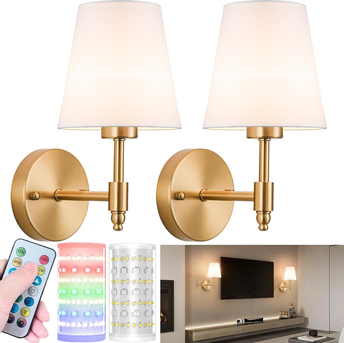 Battery Operated Wall Sconces Set Of Two, Wireless Battery Wall Light With 10000mAh RGB Rechargeable Magnetic Bulb, Rechargeable Wall Sconce With Remote Control For Bedroom, No Electrician Required - Grand Goldman