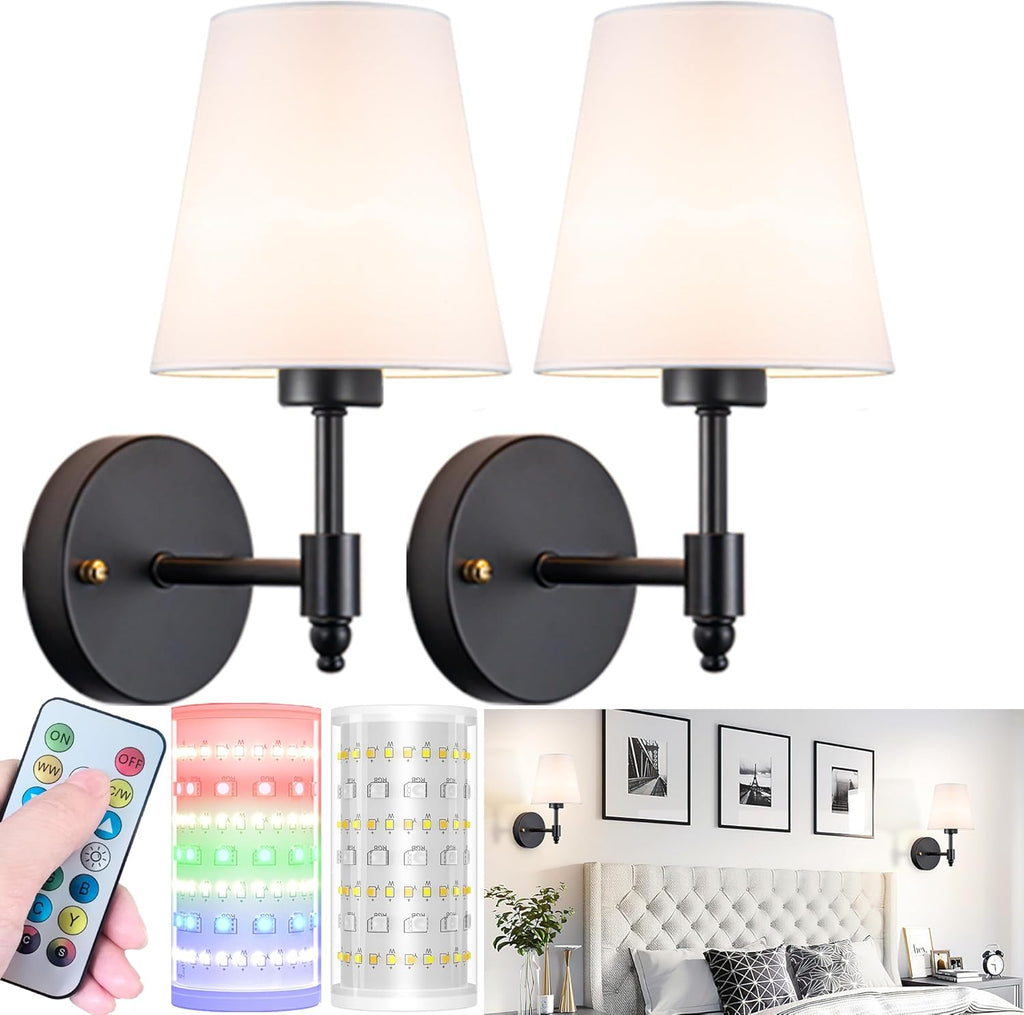 Battery Operated Wall Sconces Set Of Two, Wireless Battery Wall Light With 10000mAh RGB Rechargeable Magnetic Bulb, Rechargeable Wall Sconce With Remote Control For Bedroom, No Electrician Required - Grand Goldman