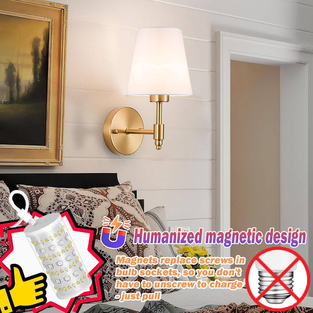 Battery Operated Wall Sconces Set Of Two, Wireless Battery Wall Light With 10000mAh RGB Rechargeable Magnetic Bulb, Rechargeable Wall Sconce With Remote Control For Bedroom, No Electrician Required - Grand Goldman