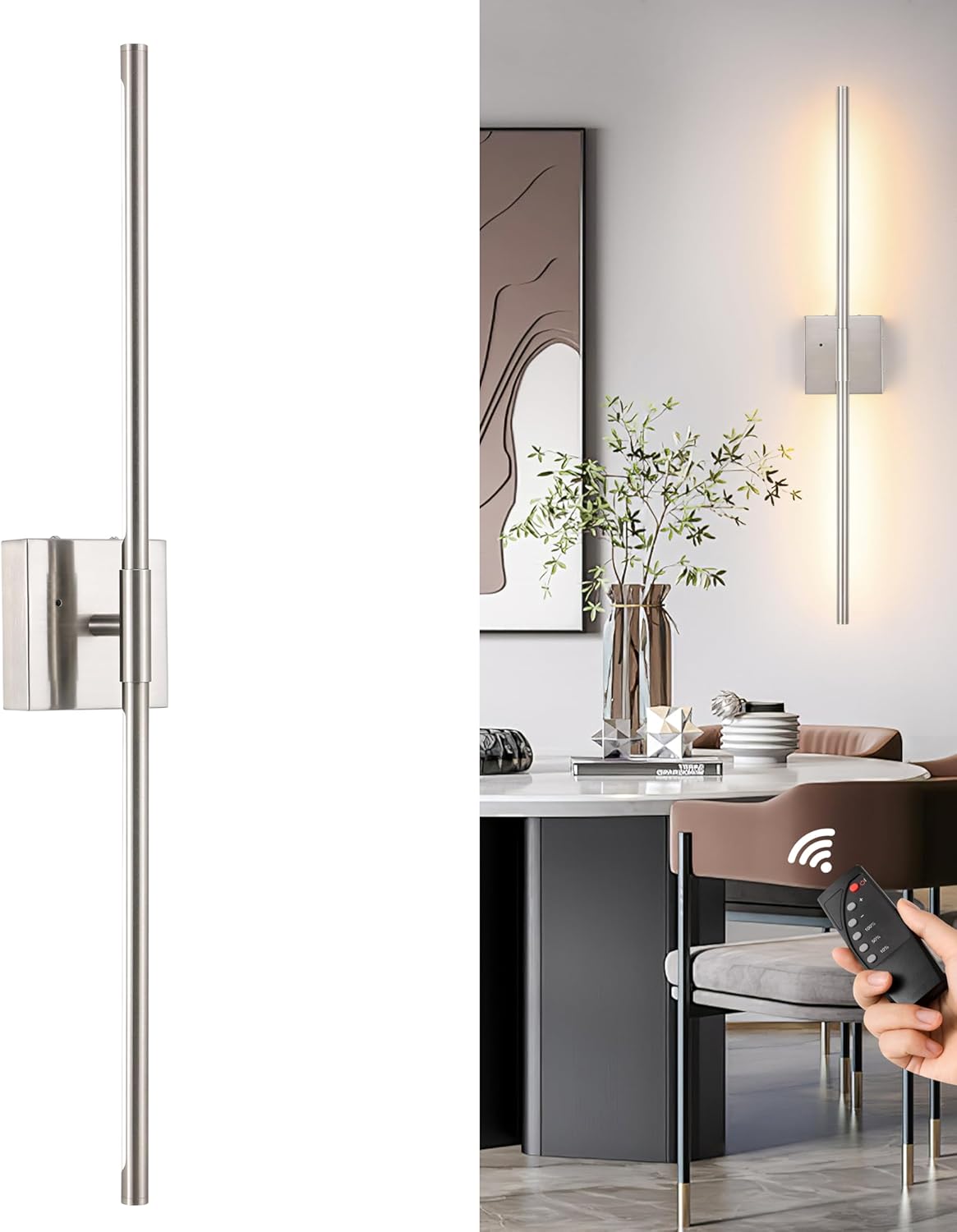 Battery Operated Wall Sconces Set of 2, Dimmable Battery Wall Sconce with Remote Control, Black Gold LED Rechargeable Sconces, 24 Inch Modern Wireless Wall Lights for Bedroom, Living Room - Grand Goldman