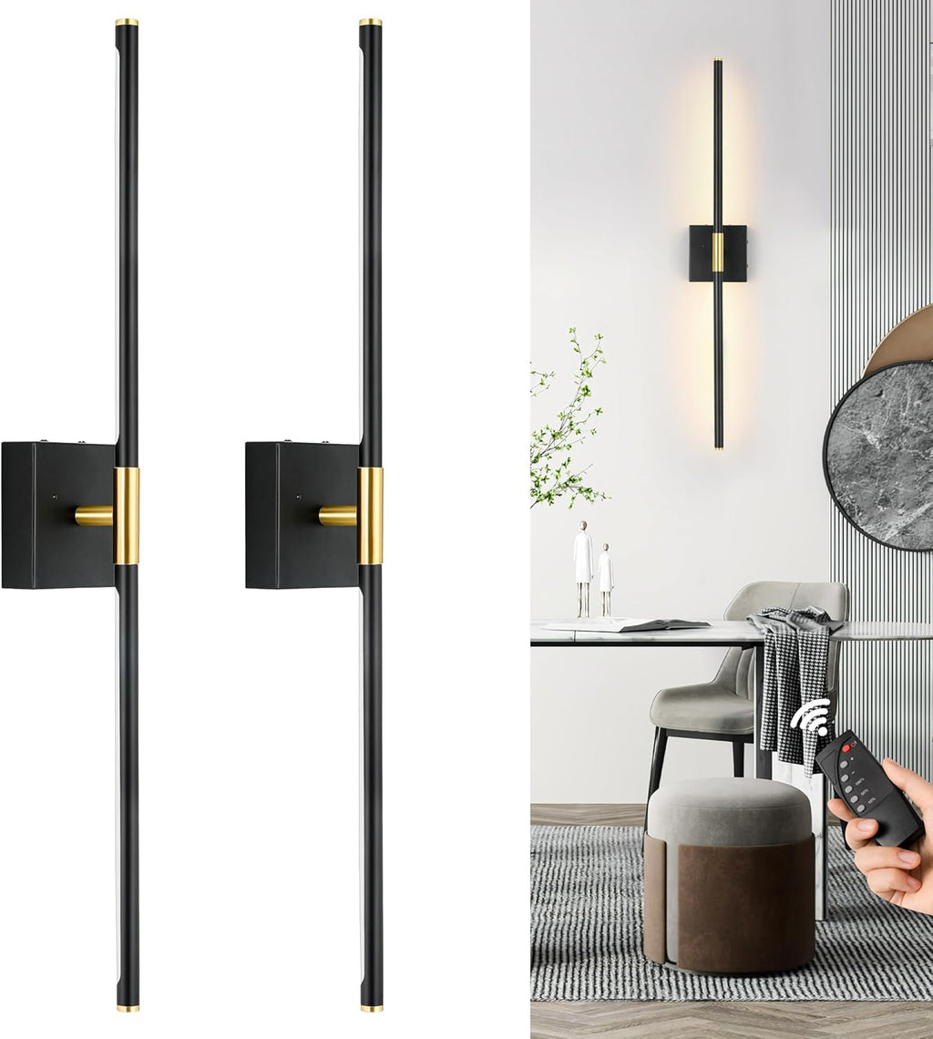 Battery Operated Wall Sconces Set of 2, Dimmable Battery Wall Sconce with Remote Control, Black Gold LED Rechargeable Sconces, 24 Inch Modern Wireless Wall Lights for Bedroom, Living Room - Grand Goldman