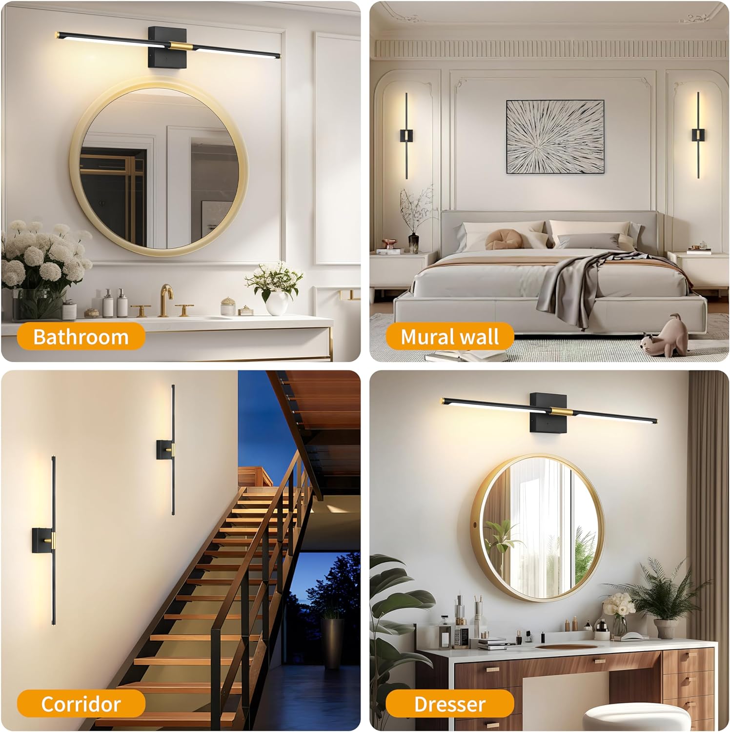 Battery Operated Wall Sconces Set of 2, Dimmable Battery Wall Sconce with Remote Control, Black Gold LED Rechargeable Sconces, 24 Inch Modern Wireless Wall Lights for Bedroom, Living Room - Grand Goldman