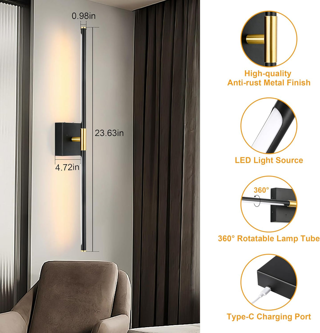 Battery Operated Wall Sconces Set of 2, Dimmable Battery Wall Sconce with Remote Control, Black Gold LED Rechargeable Sconces, 24 Inch Modern Wireless Wall Lights for Bedroom, Living Room - Grand Goldman
