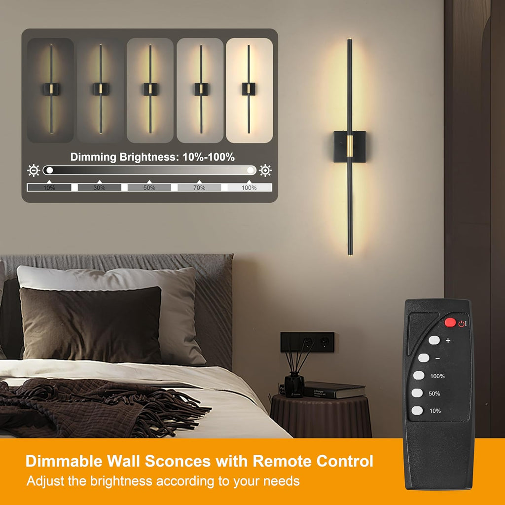 Battery Operated Wall Sconces Set of 2, Dimmable Battery Wall Sconce with Remote Control, Black Gold LED Rechargeable Sconces, 24 Inch Modern Wireless Wall Lights for Bedroom, Living Room - Grand Goldman