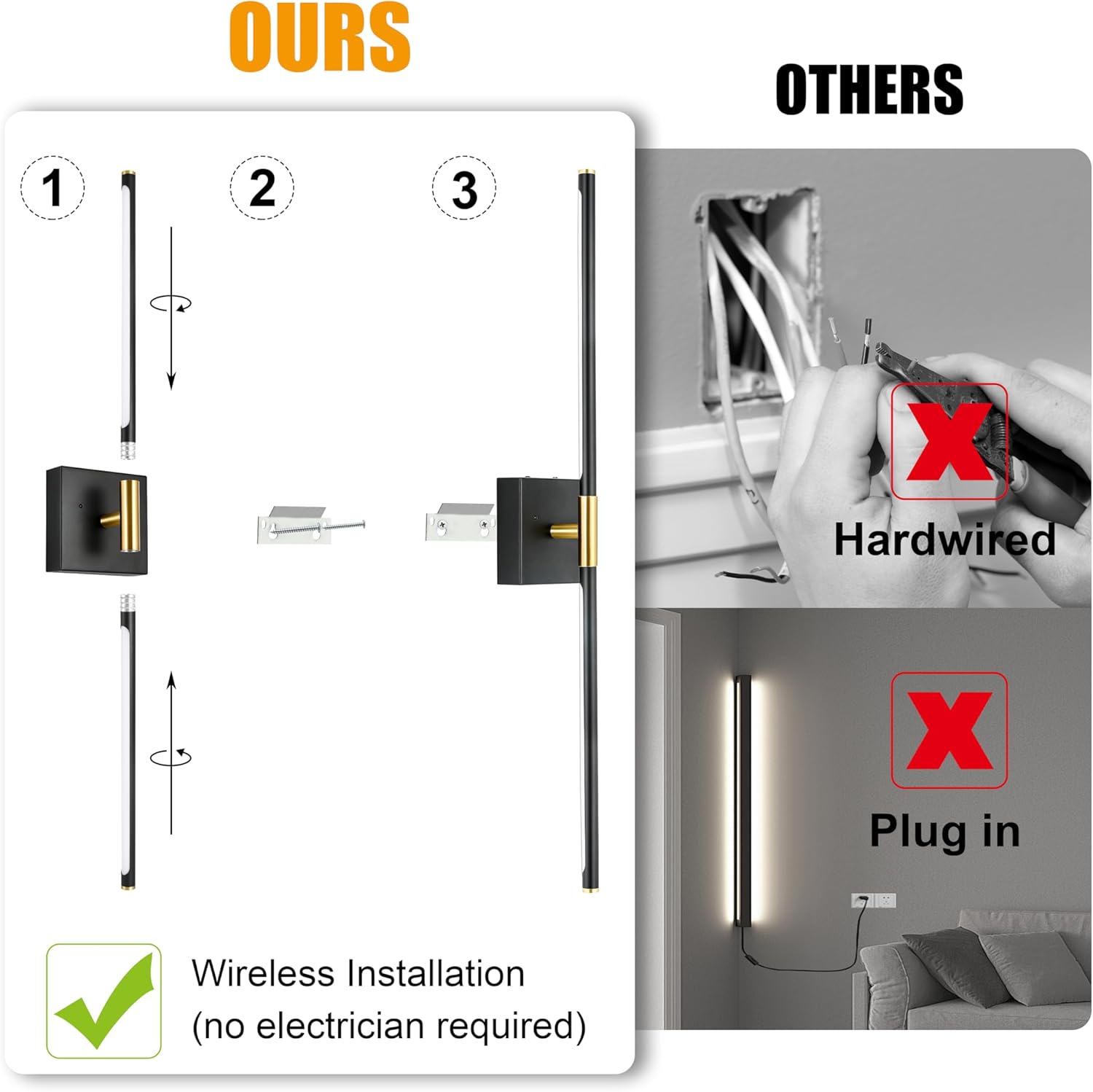 Battery Operated Wall Sconces Set of 2, Dimmable Battery Wall Sconce with Remote Control, Black Gold LED Rechargeable Sconces, 24 Inch Modern Wireless Wall Lights for Bedroom, Living Room - Grand Goldman