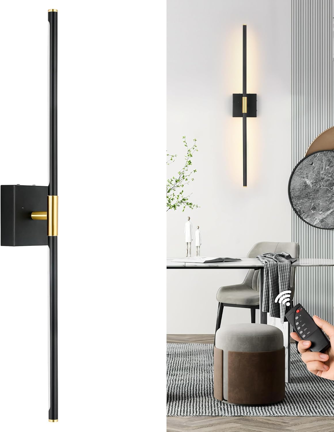Battery Operated Wall Sconces Set of 2, Dimmable Battery Wall Sconce with Remote Control, Black Gold LED Rechargeable Sconces, 24 Inch Modern Wireless Wall Lights for Bedroom, Living Room - Grand Goldman