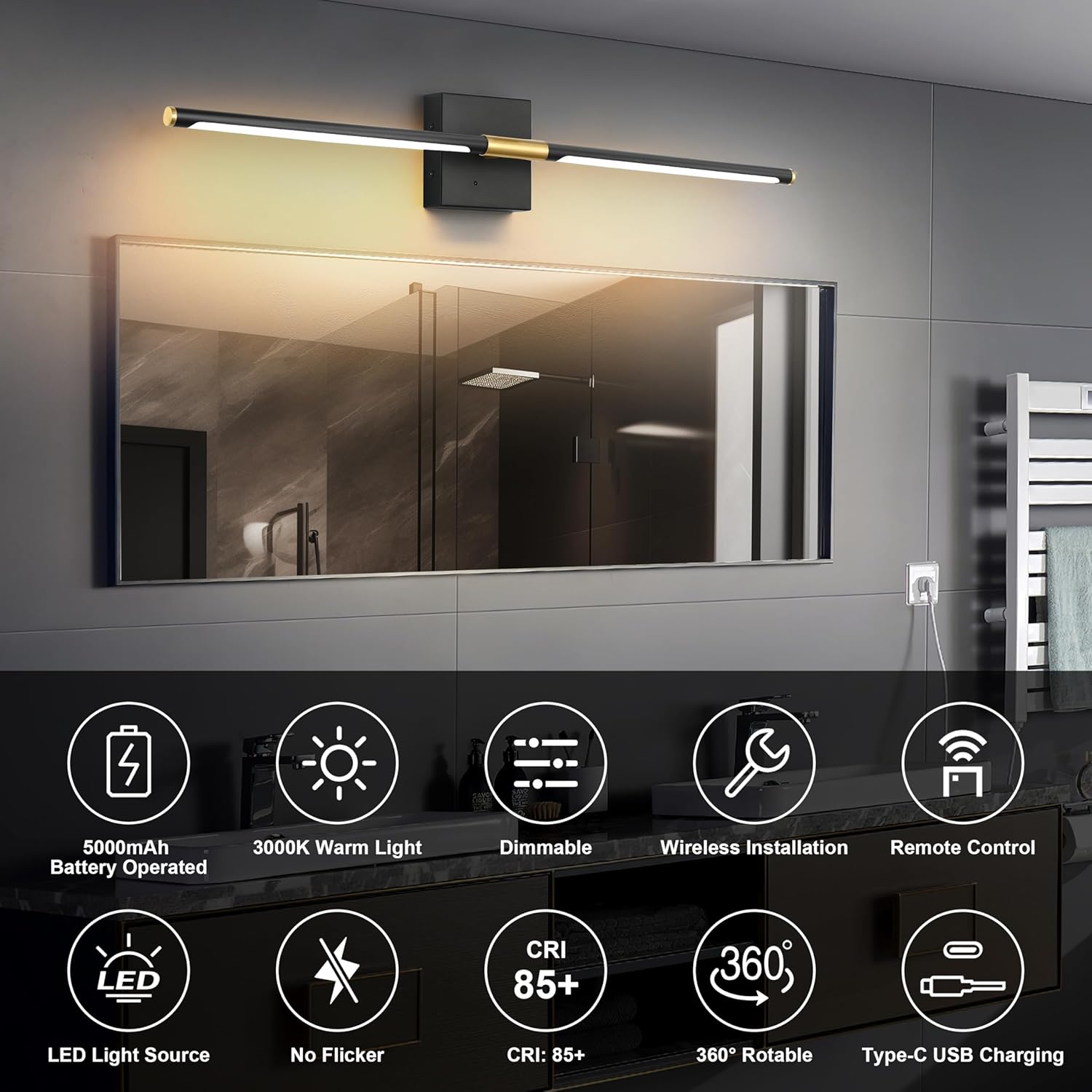 Battery Operated Wall Sconces Set of 2, Dimmable Battery Wall Sconce with Remote Control, Black Gold LED Rechargeable Sconces, 24 Inch Modern Wireless Wall Lights for Bedroom, Living Room - Grand Goldman