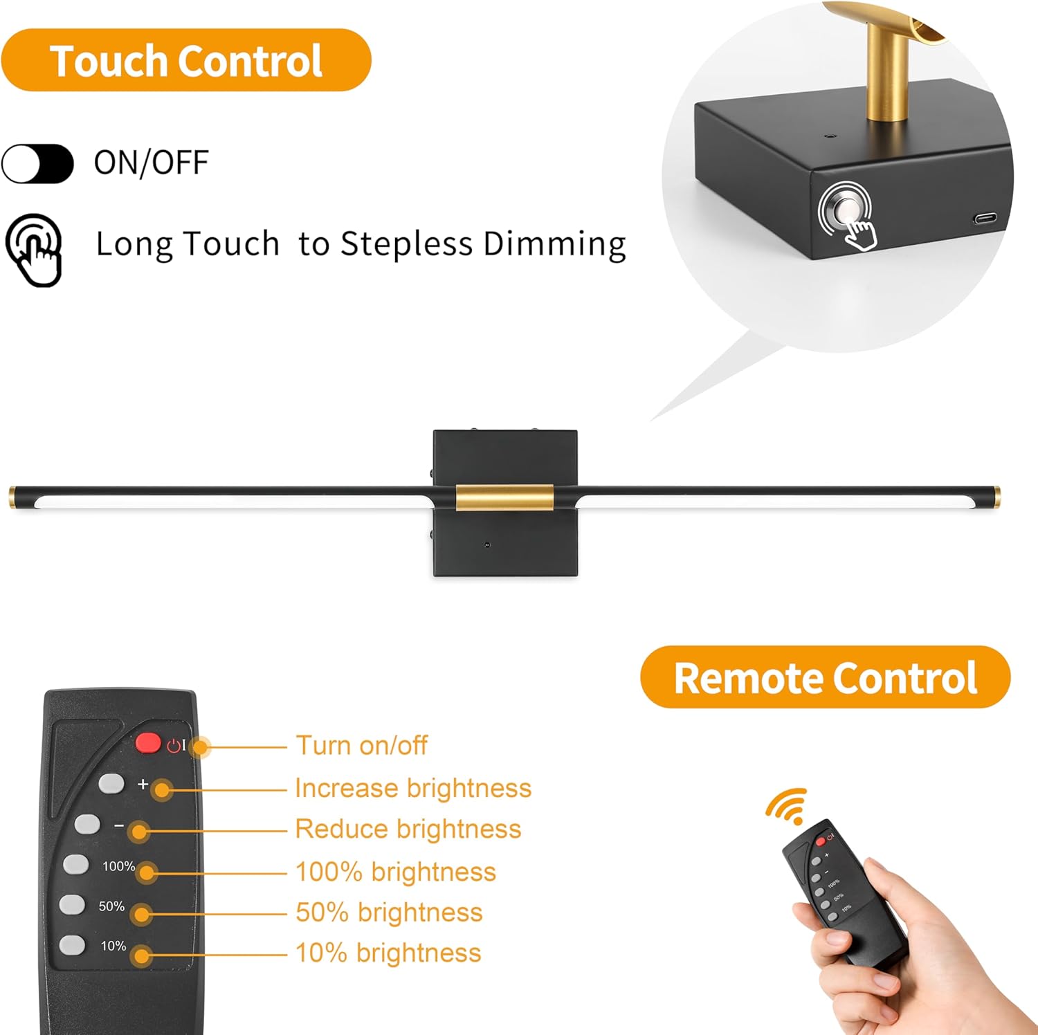 Battery Operated Wall Sconces Set of 2, Dimmable Battery Wall Sconce with Remote Control, Black Gold LED Rechargeable Sconces, 24 Inch Modern Wireless Wall Lights for Bedroom, Living Room - Grand Goldman