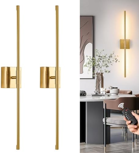 Battery Operated Wall Sconces Set of 2, Dimmable Battery Wall Sconce with Remote Control, Black Gold LED Rechargeable Sconces, 24 Inch Modern Wireless Wall Lights for Bedroom, Living Room - Grand Goldman