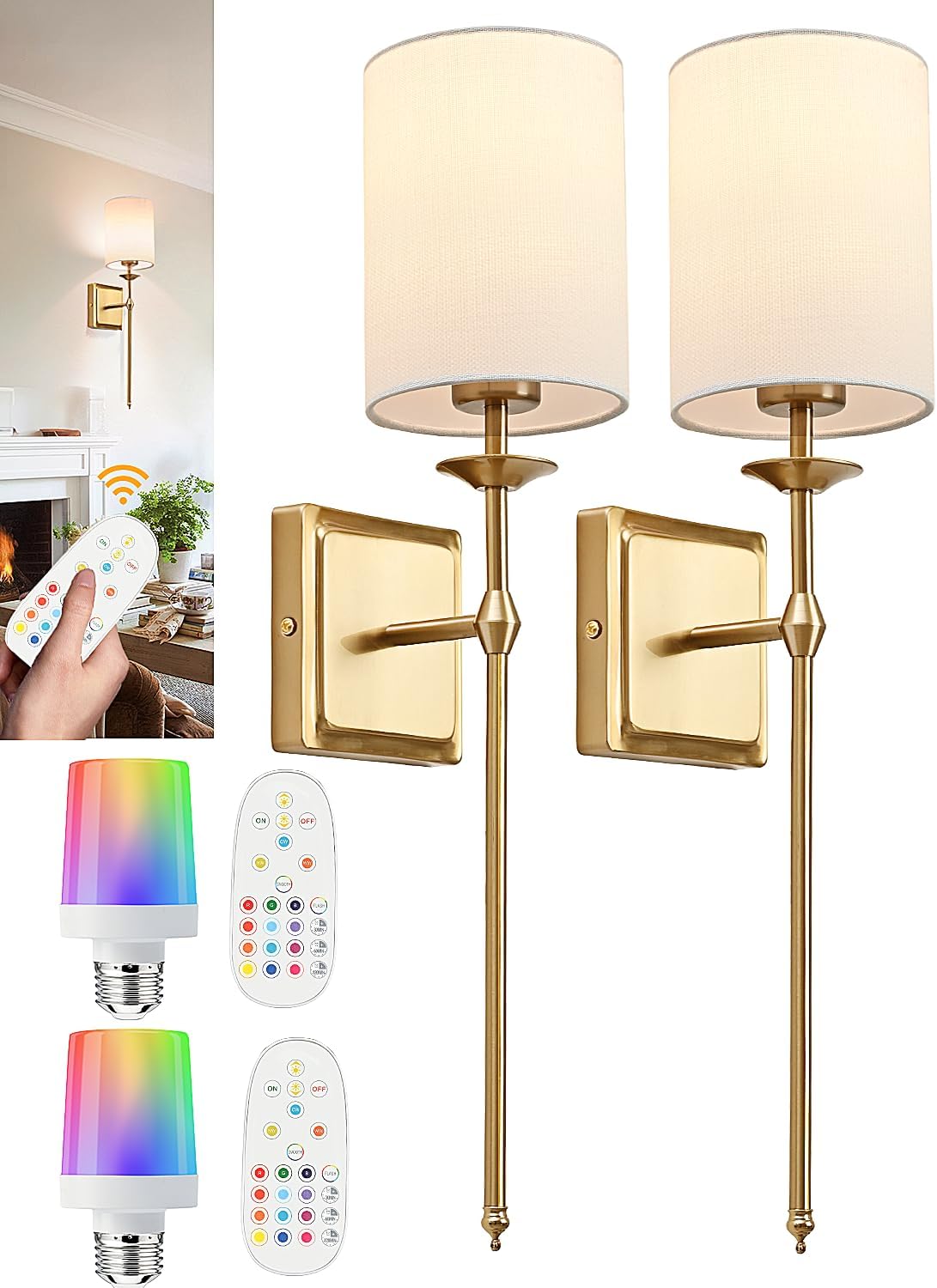 Battery Operated Wall Sconces Set of 2 Two Wireless Sconces Brass Gold Rechargeable Wall Lights Dimmable&RGB Battery Powered Wall Sconce Wall Decor for Bedroom Living Room, Remote Control - Grand Goldman