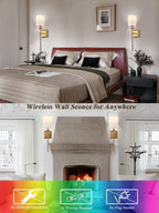 Battery Operated Wall Sconces Set of 2 Two Wireless Sconces Brass Gold Rechargeable Wall Lights Dimmable&RGB Battery Powered Wall Sconce Wall Decor for Bedroom Living Room, Remote Control - Grand Goldman