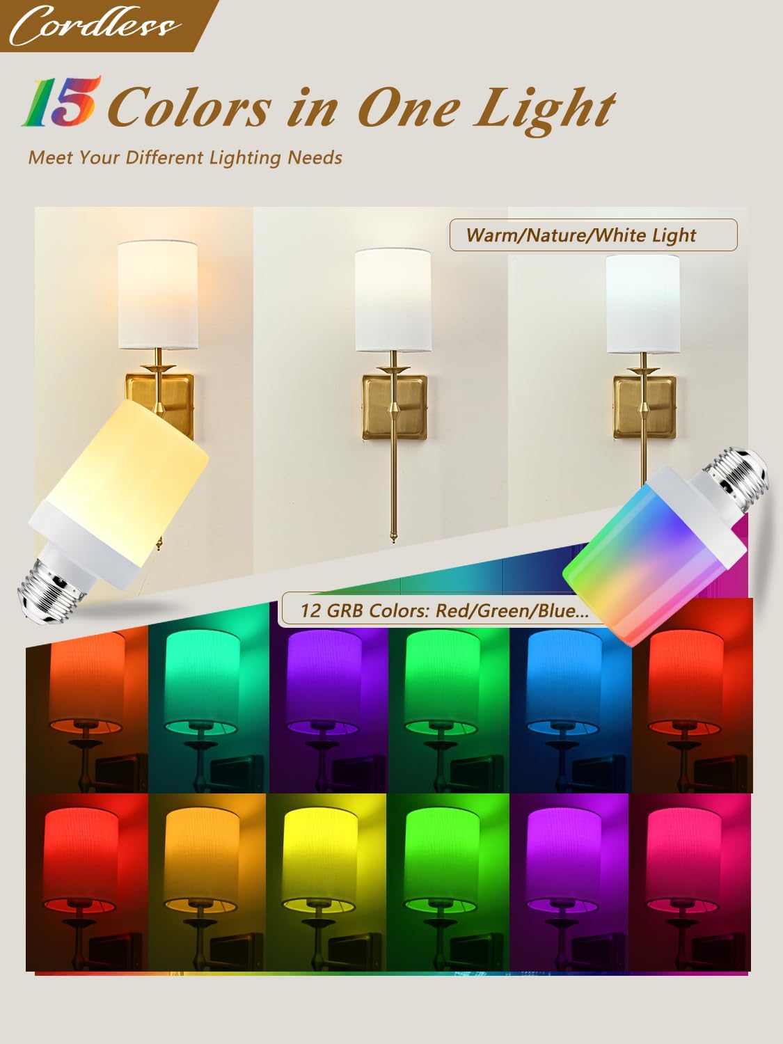 Battery Operated Wall Sconces Set of 2 Two Wireless Sconces Brass Gold Rechargeable Wall Lights Dimmable&RGB Battery Powered Wall Sconce Wall Decor for Bedroom Living Room, Remote Control - Grand Goldman