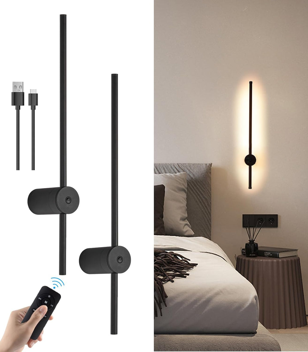 Battery Operated Wall Sconces Set of Two, USB Rechargeable Wall Lights with Remote Control, Dimmable LED Wall Lamp Indoor, 360° Rotation Wireless Lights for Living Room Bedroom Hallway, Black, 39 inch - Grand Goldman