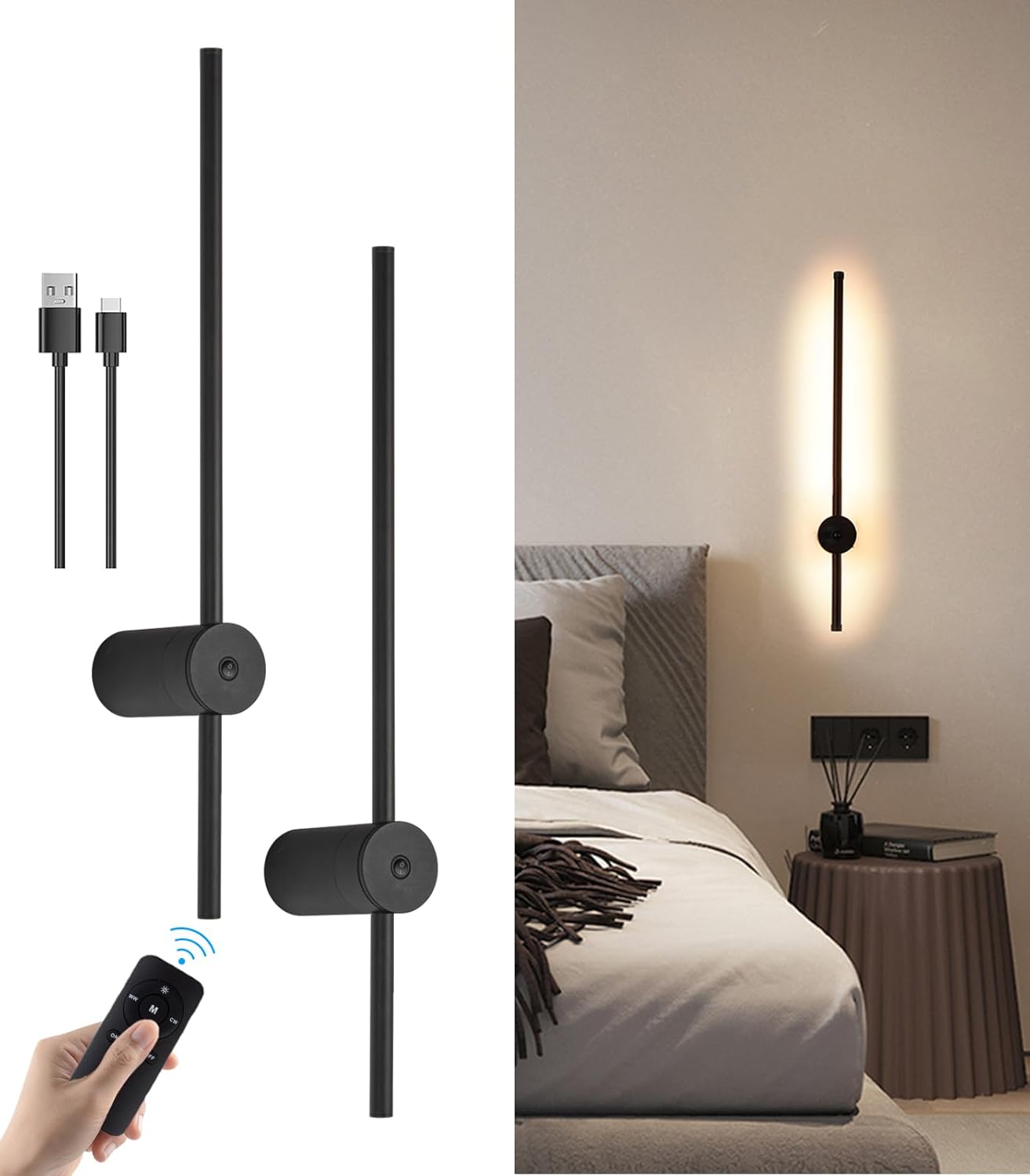 Battery Operated Wall Sconces Set of Two, USB Rechargeable Wall Lights with Remote Control, Dimmable LED Wall Lamp Indoor, 360° Rotation Wireless Lights for Living Room Bedroom Hallway, Black, 39 inch - Grand Goldman