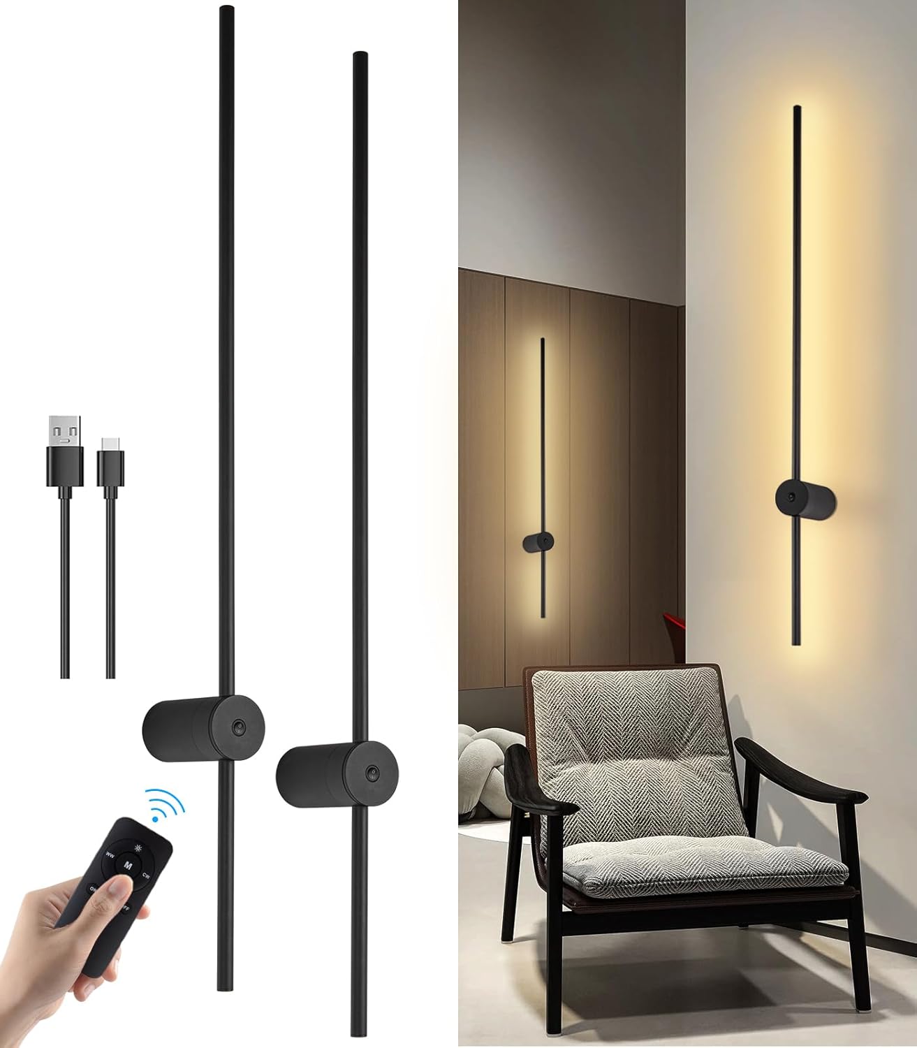 Battery Operated Wall Sconces Set of Two, USB Rechargeable Wall Lights with Remote Control, Dimmable LED Wall Lamp Indoor, 360° Rotation Wireless Lights for Living Room Bedroom Hallway, Black, 39 inch - Grand Goldman