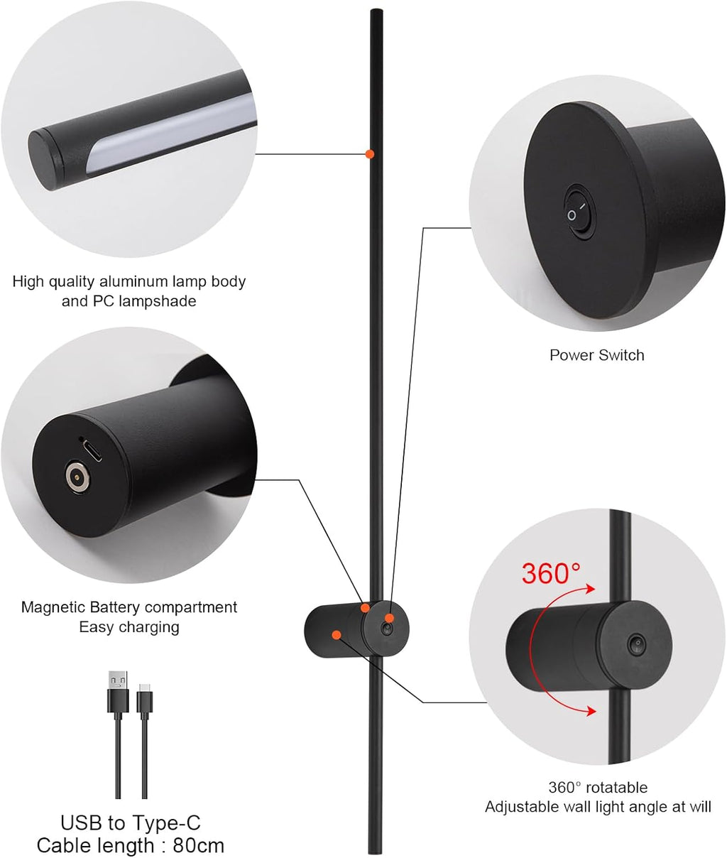 Battery Operated Wall Sconces Set of Two, USB Rechargeable Wall Lights with Remote Control, Dimmable LED Wall Lamp Indoor, 360° Rotation Wireless Lights for Living Room Bedroom Hallway, Black, 39 inch - Grand Goldman