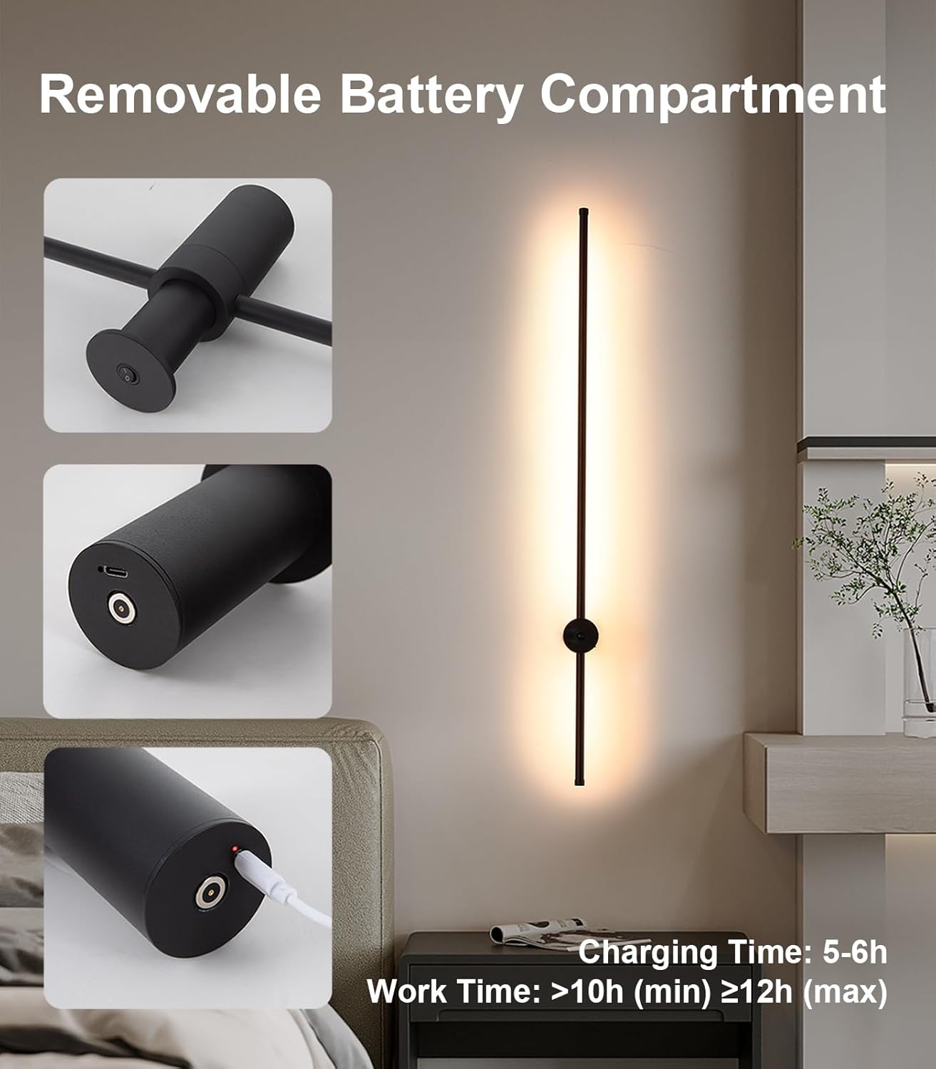 Battery Operated Wall Sconces Set of Two, USB Rechargeable Wall Lights with Remote Control, Dimmable LED Wall Lamp Indoor, 360° Rotation Wireless Lights for Living Room Bedroom Hallway, Black, 39 inch - Grand Goldman