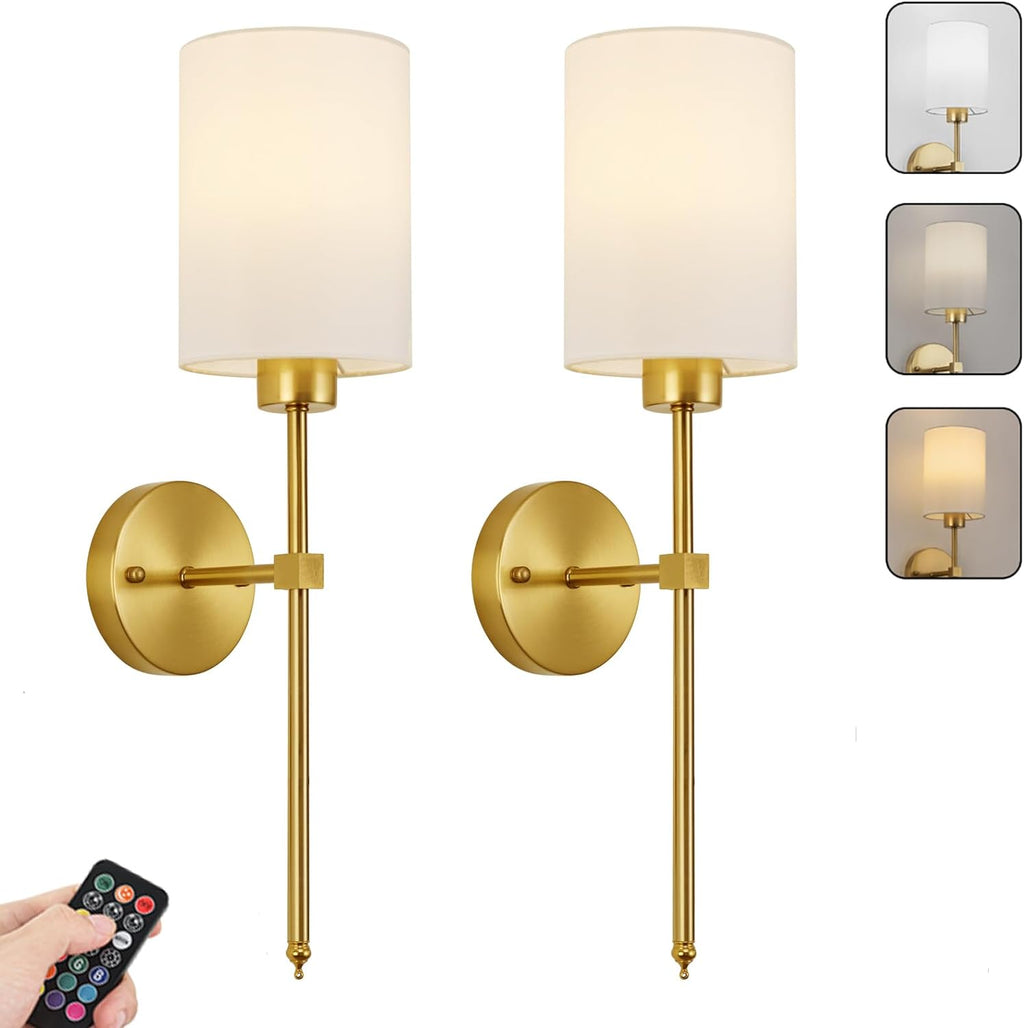 Battery Operated Wall Sconces Set of Two, with Remote Control, Dimmable, Warm White/Natural White/Daylight/RGB, Wireless Rechargeable Wall Light for Living Room, Bedroom, Entryway, Gold - Grand Goldman