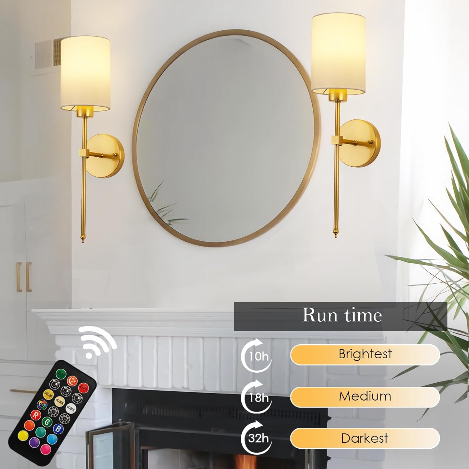 Battery Operated Wall Sconces Set of Two, with Remote Control, Dimmable, Warm White/Natural White/Daylight/RGB, Wireless Rechargeable Wall Light for Living Room, Bedroom, Entryway, Gold - Grand Goldman