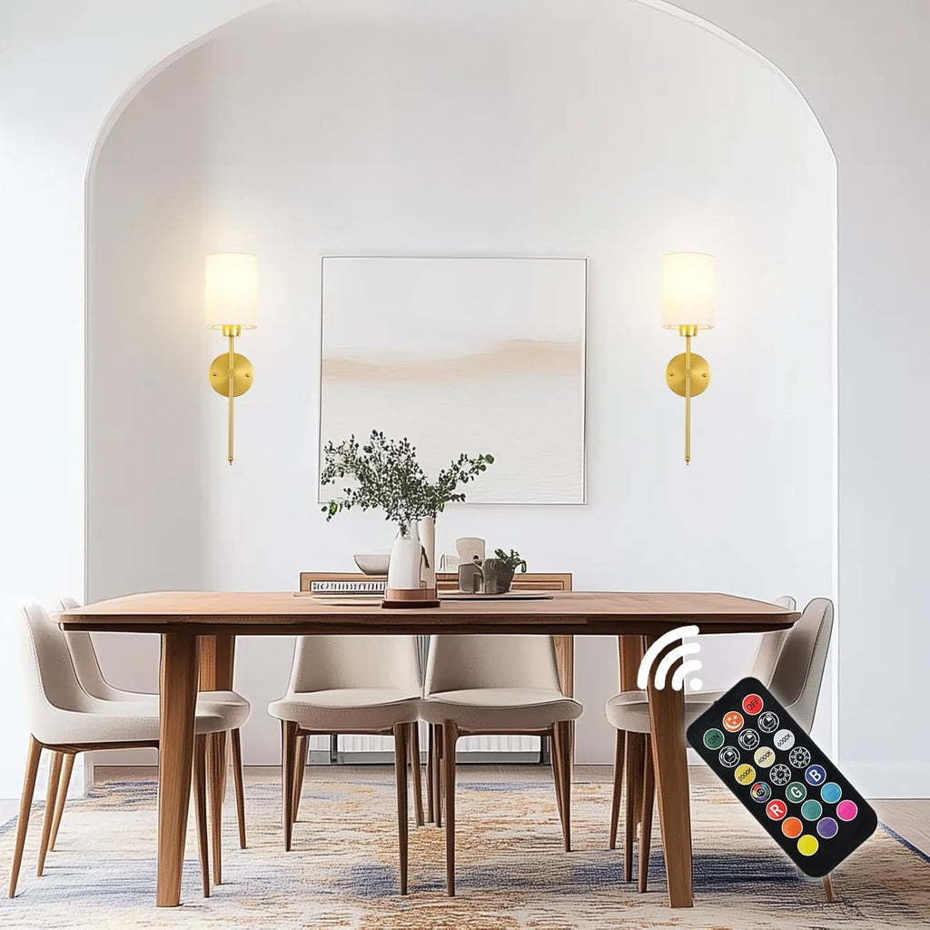 Battery Operated Wall Sconces Set of Two, with Remote Control, Dimmable, Warm White/Natural White/Daylight/RGB, Wireless Rechargeable Wall Light for Living Room, Bedroom, Entryway, Gold - Grand Goldman