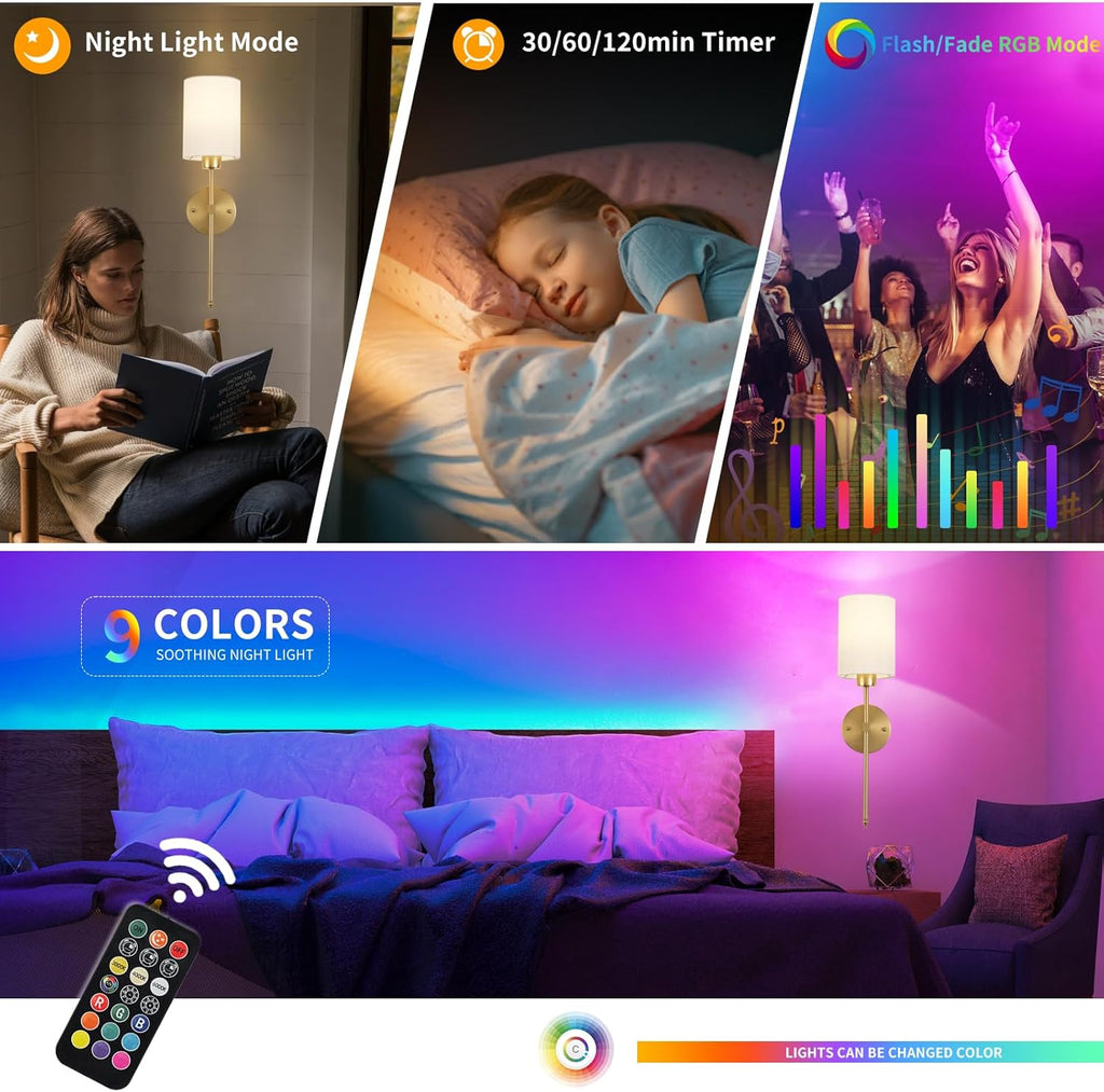 Battery Operated Wall Sconces Set of Two, with Remote Control, Dimmable, Warm White/Natural White/Daylight/RGB, Wireless Rechargeable Wall Light for Living Room, Bedroom, Entryway, Gold - Grand Goldman