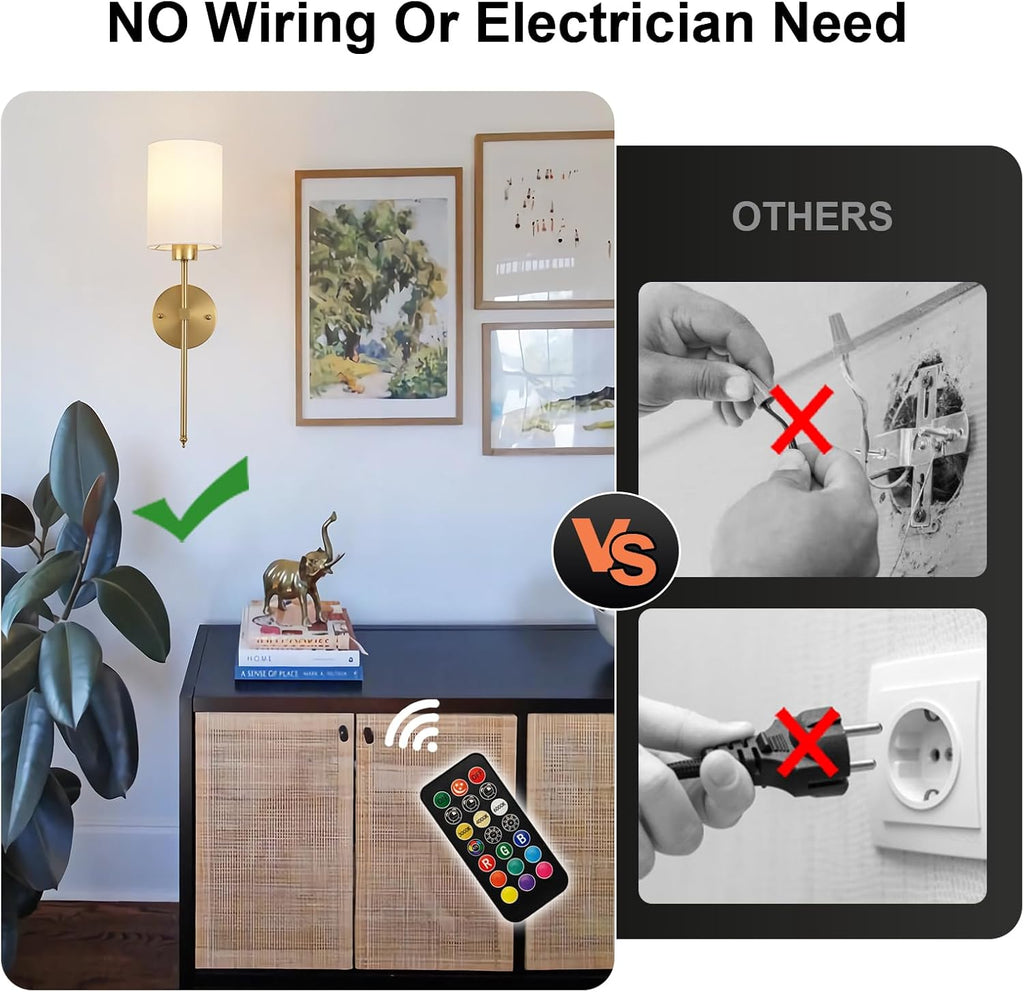 Battery Operated Wall Sconces Set of Two, with Remote Control, Dimmable, Warm White/Natural White/Daylight/RGB, Wireless Rechargeable Wall Light for Living Room, Bedroom, Entryway, Gold - Grand Goldman