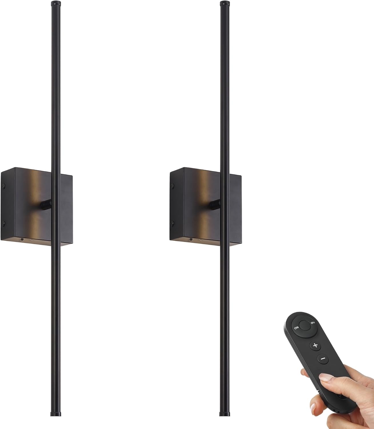 Battery Operated Wall Sconces with Remote Control, Dimmable Wall Sconces Set of Two, 350°Rotate, 3000K LED Black Wireless Wall Light for Living Room, Hallway, Bedroom, 28.3 Inch (2 Pack) - Grand Goldman
