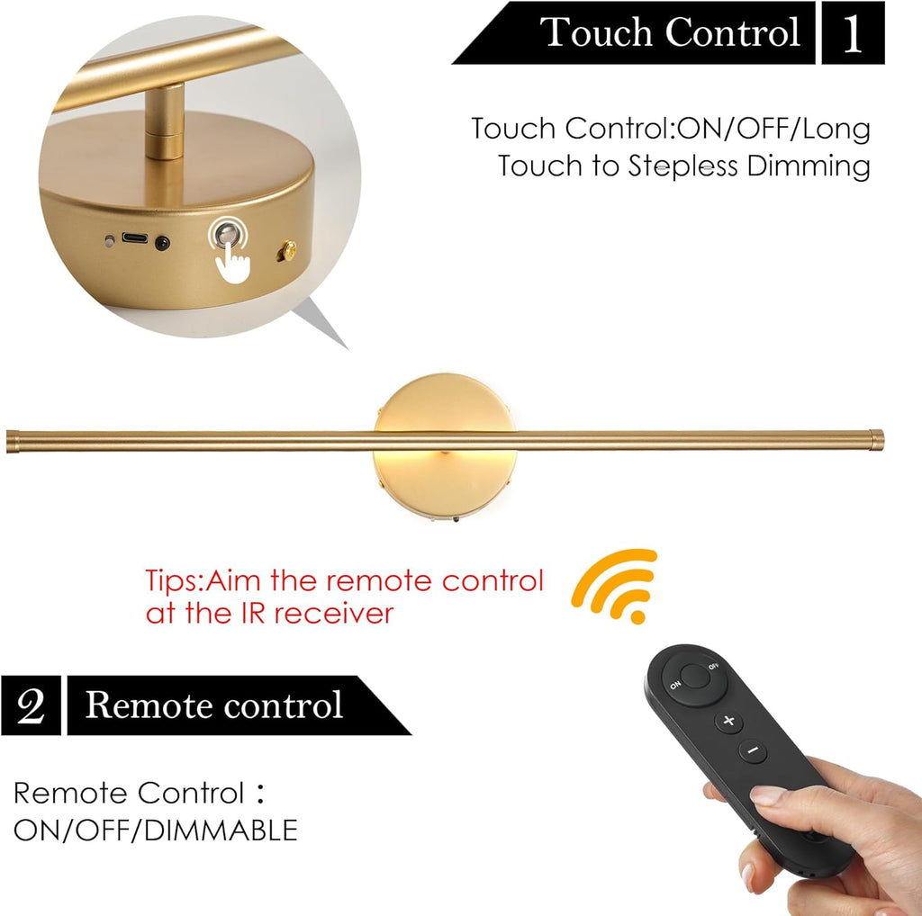 Battery Operated Wall Sconces with Remote Control, Dimmable Wall Sconces Set of Two, 350°Rotate, 3000K LED Gold Wireless Wall Light for Living Room, Bedroom, Hallway, 28.3 Inch (2 Pack) - Grand Goldman