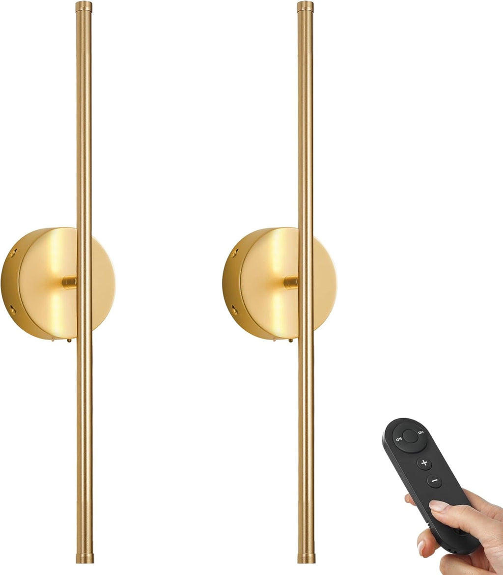 Battery Operated Wall Sconces with Remote Control, Dimmable Wall Sconces Set of Two, 350°Rotate, 3000K LED Gold Wireless Wall Light for Living Room, Bedroom, Hallway, 28.3 Inch (2 Pack) - Grand Goldman