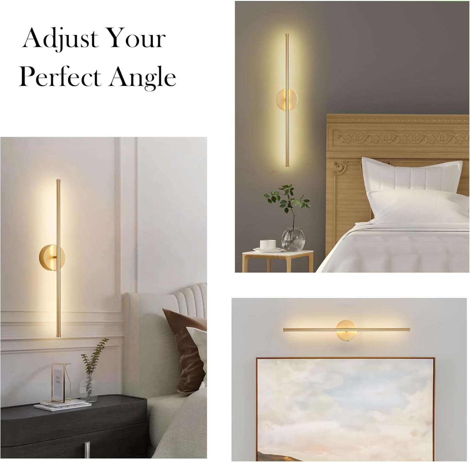 Battery Operated Wall Sconces with Remote Control, Dimmable Wall Sconces Set of Two, 350°Rotate, 3000K LED Gold Wireless Wall Light for Living Room, Bedroom, Hallway, 28.3 Inch (2 Pack) - Grand Goldman