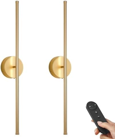 Battery Operated Wall Sconces with Remote Control, Dimmable Wall Sconces Set of Two, 350°Rotate, 3000K LED Gold Wireless Wall Light for Living Room, Bedroom, Hallway, 28.3 Inch (2 Pack) - Grand Goldman