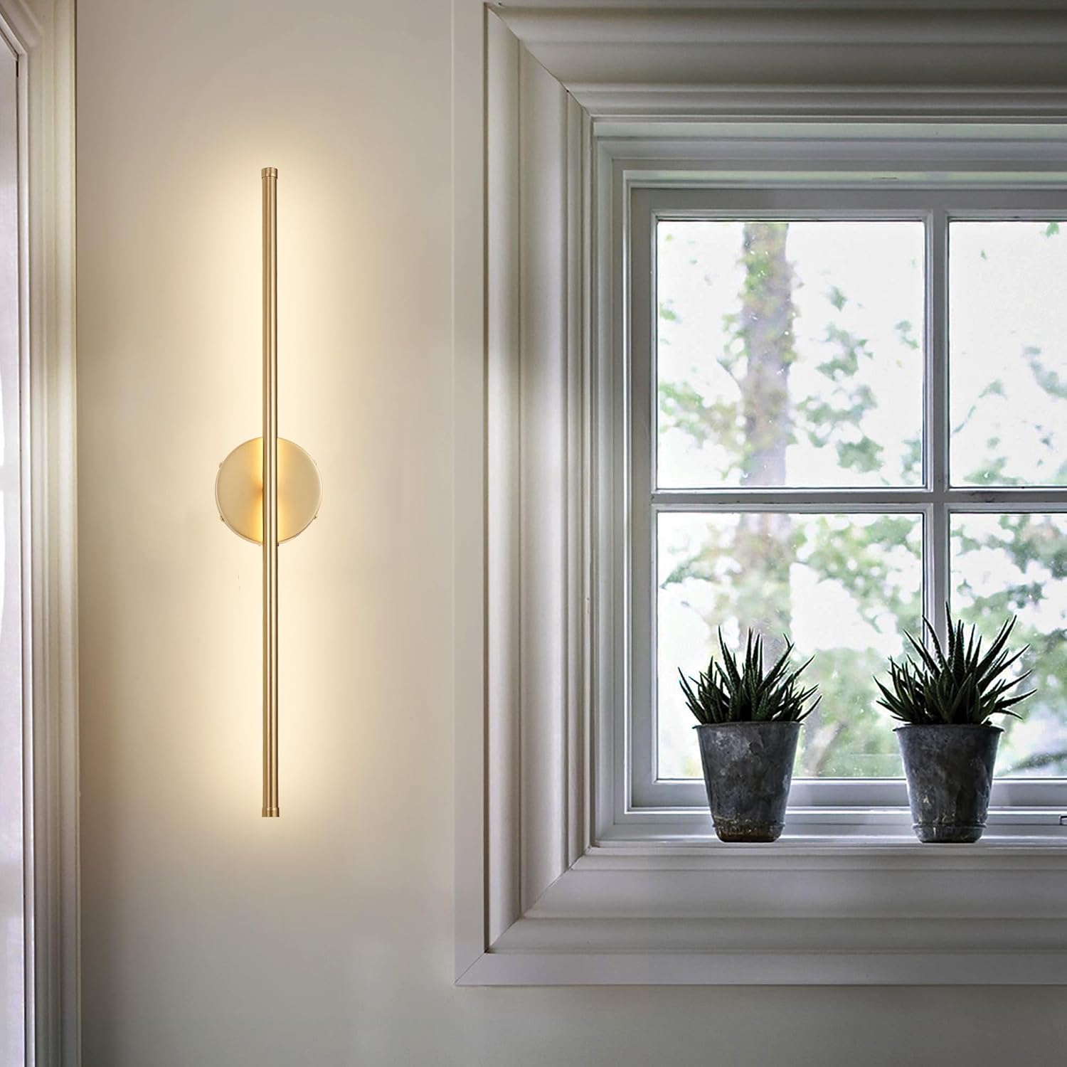 Battery Operated Wall Sconces with Remote Control, Dimmable Wall Sconces Set of Two, 350°Rotate, 3000K LED Gold Wireless Wall Light for Living Room, Bedroom, Hallway, 28.3 Inch (2 Pack) - Grand Goldman