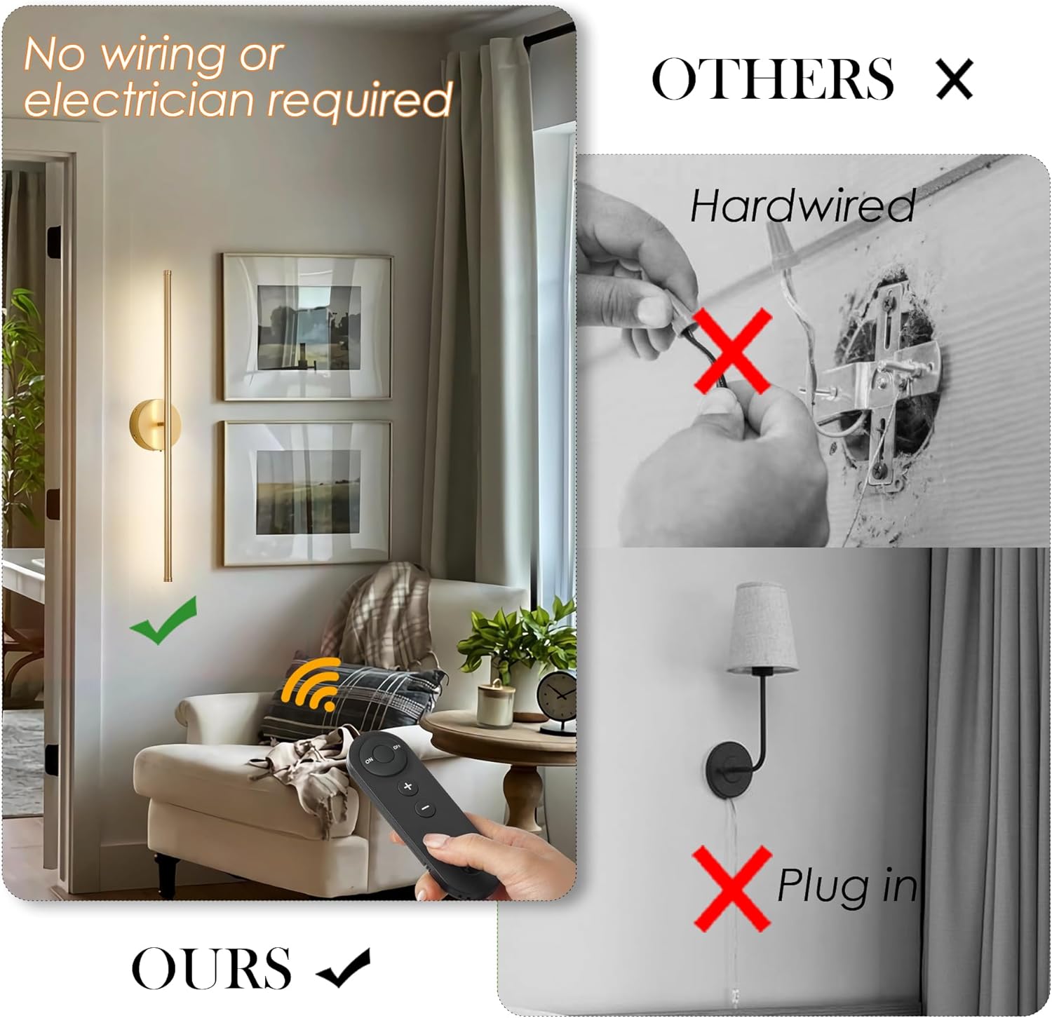 Battery Operated Wall Sconces with Remote Control, Dimmable Wall Sconces Set of Two, 350°Rotate, 3000K LED Gold Wireless Wall Light for Living Room, Bedroom, Hallway, 28.3 Inch (2 Pack) - Grand Goldman