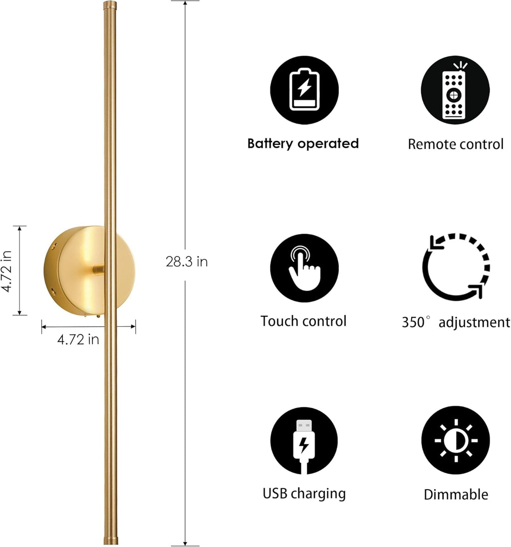 Battery Operated Wall Sconces with Remote Control, Dimmable Wall Sconces Set of Two, 350°Rotate, 3000K LED Gold Wireless Wall Light for Living Room, Bedroom, Hallway, 28.3 Inch (2 Pack) - Grand Goldman