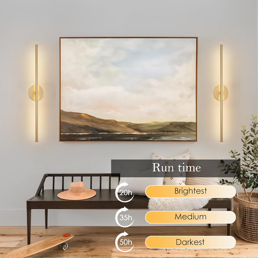 Battery Operated Wall Sconces with Remote Control, Dimmable Wall Sconces Set of Two, 350°Rotate, 3000K LED Gold Wireless Wall Light for Living Room, Bedroom, Hallway, 28.3 Inch (2 Pack) - Grand Goldman