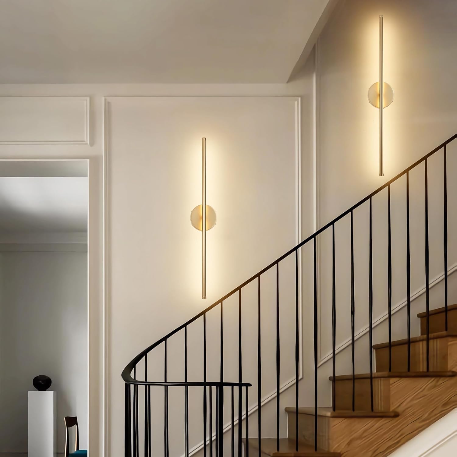 Battery Operated Wall Sconces with Remote Control, Dimmable Wall Sconces Set of Two, 350°Rotate, 3000K LED Gold Wireless Wall Light for Living Room, Bedroom, Hallway, 28.3 Inch (2 Pack) - Grand Goldman