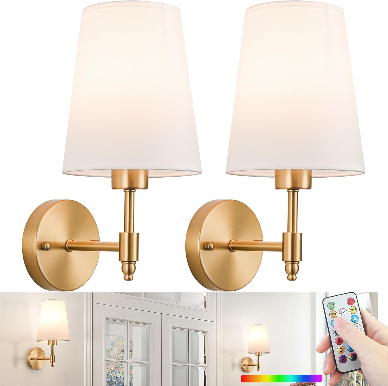 Battery Wall Sconces Set of Two,Battery Operated Sconces Up to 50 Hours Long Life,Rechargeable Cordless Wall Sconce USB Charging, RGB Fabric Wall Lights No Hardwired Need (Color : Brass) - Grand Goldman