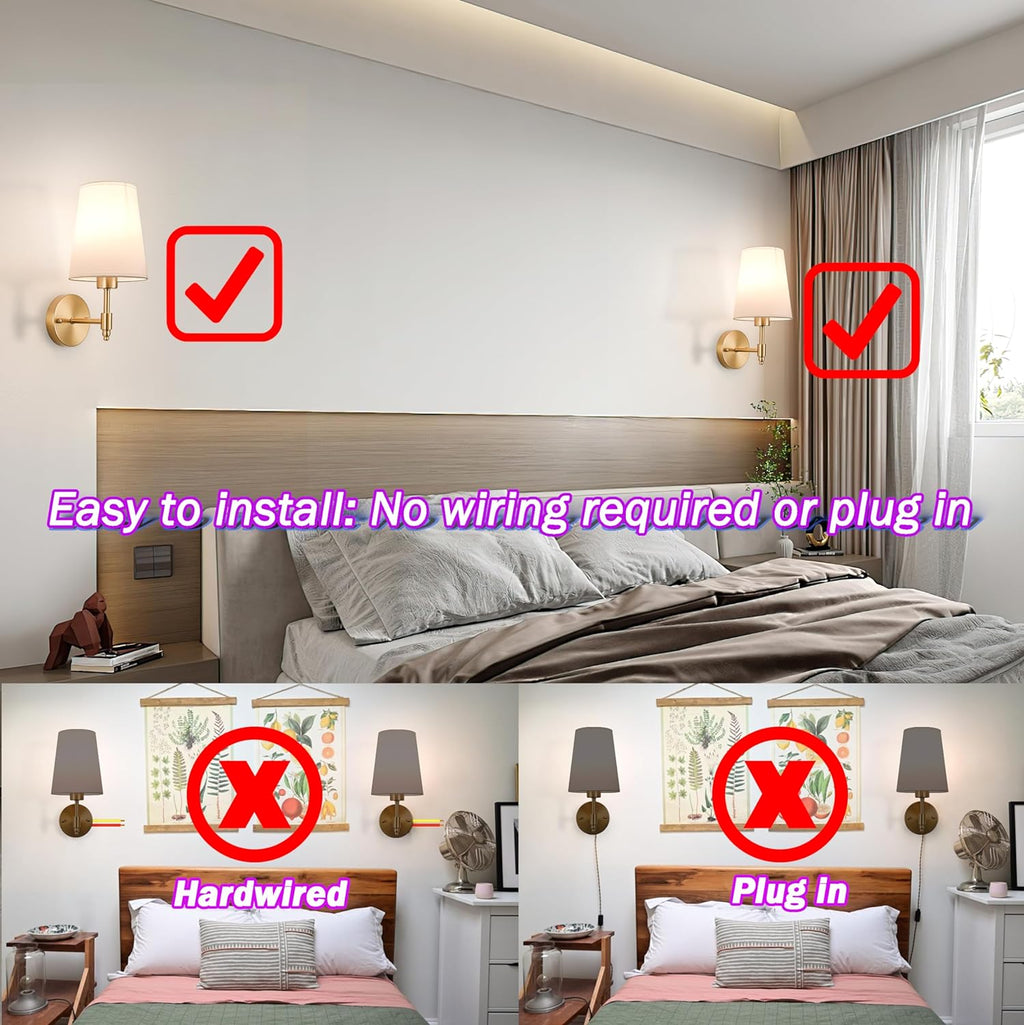 Battery Wall Sconces Set of Two,Battery Operated Sconces Up to 50 Hours Long Life,Rechargeable Cordless Wall Sconce USB Charging, RGB Fabric Wall Lights No Hardwired Need (Color : Brass) - Grand Goldman