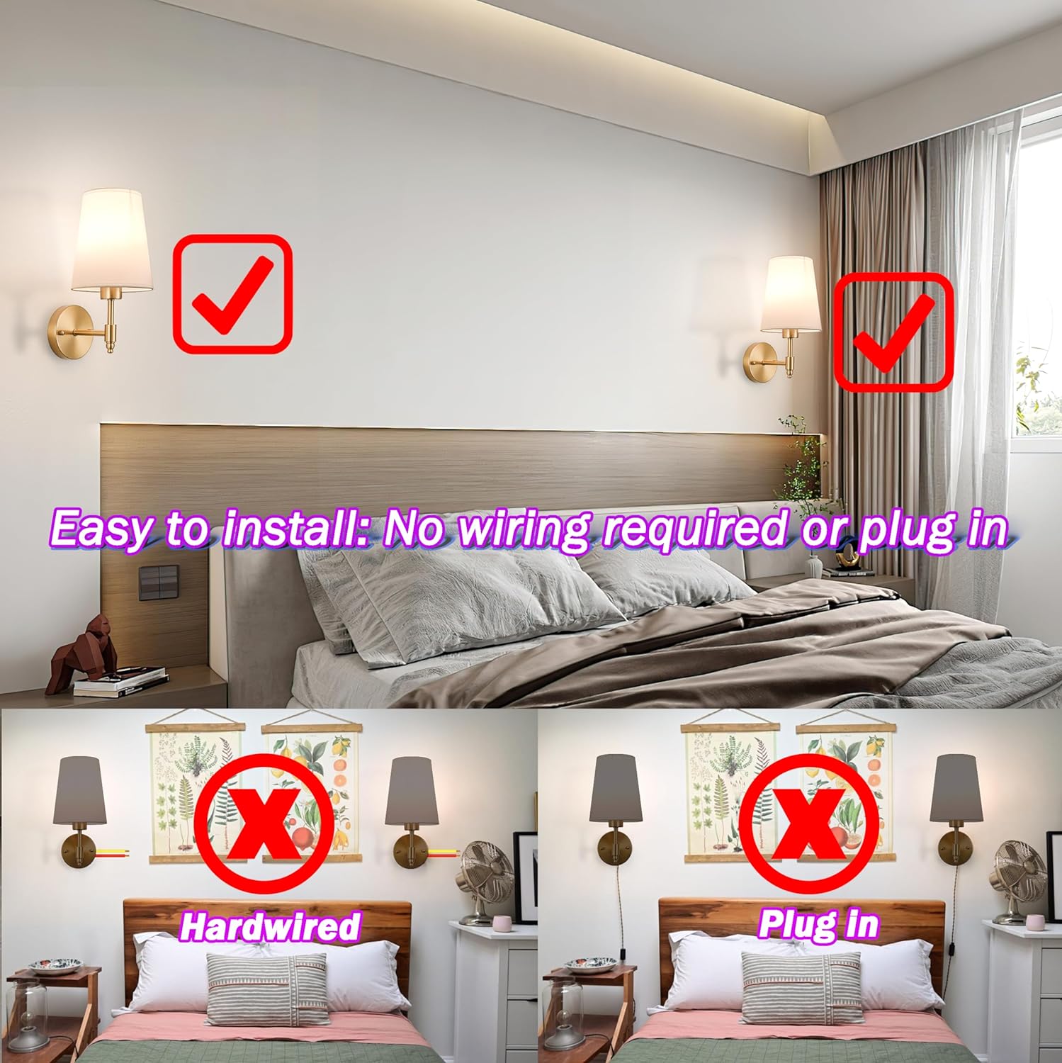 Battery Wall Sconces Set of Two,Battery Operated Sconces Up to 50 Hours Long Life,Rechargeable Cordless Wall Sconce USB Charging, RGB Fabric Wall Lights No Hardwired Need (Color : Brass) - Grand Goldman