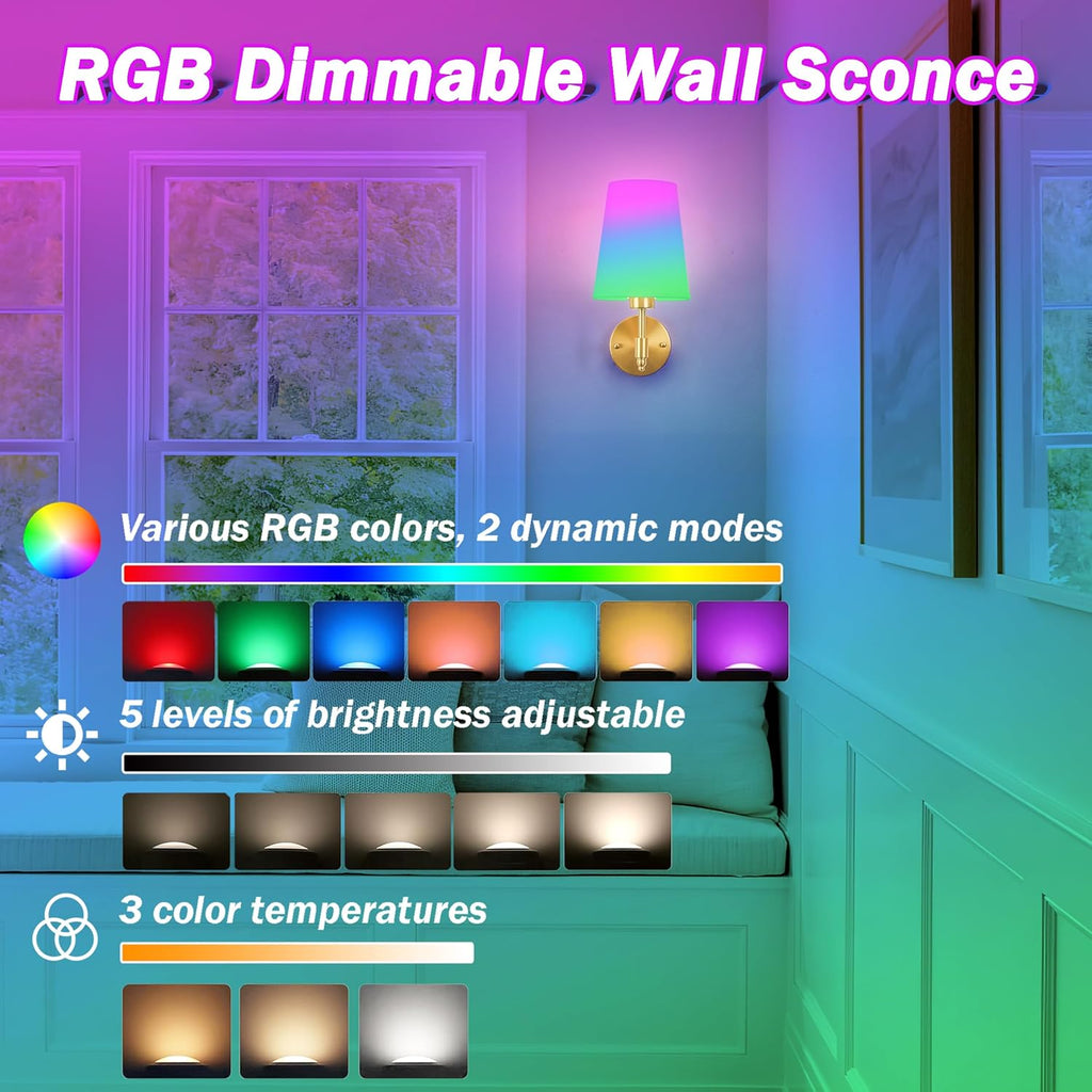 Battery Wall Sconces Set of Two,Battery Operated Sconces Up to 50 Hours Long Life,Rechargeable Cordless Wall Sconce USB Charging, RGB Fabric Wall Lights No Hardwired Need (Color : Brass) - Grand Goldman