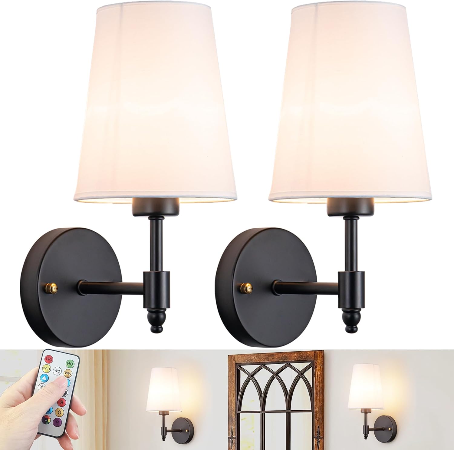Battery Wall Sconces Set of Two,Battery Operated Sconces Up to 50 Hours Long Life,Rechargeable Cordless Wall Sconce USB Charging, RGB Fabric Wall Lights No Hardwired Need (Color : Brass) - Grand Goldman