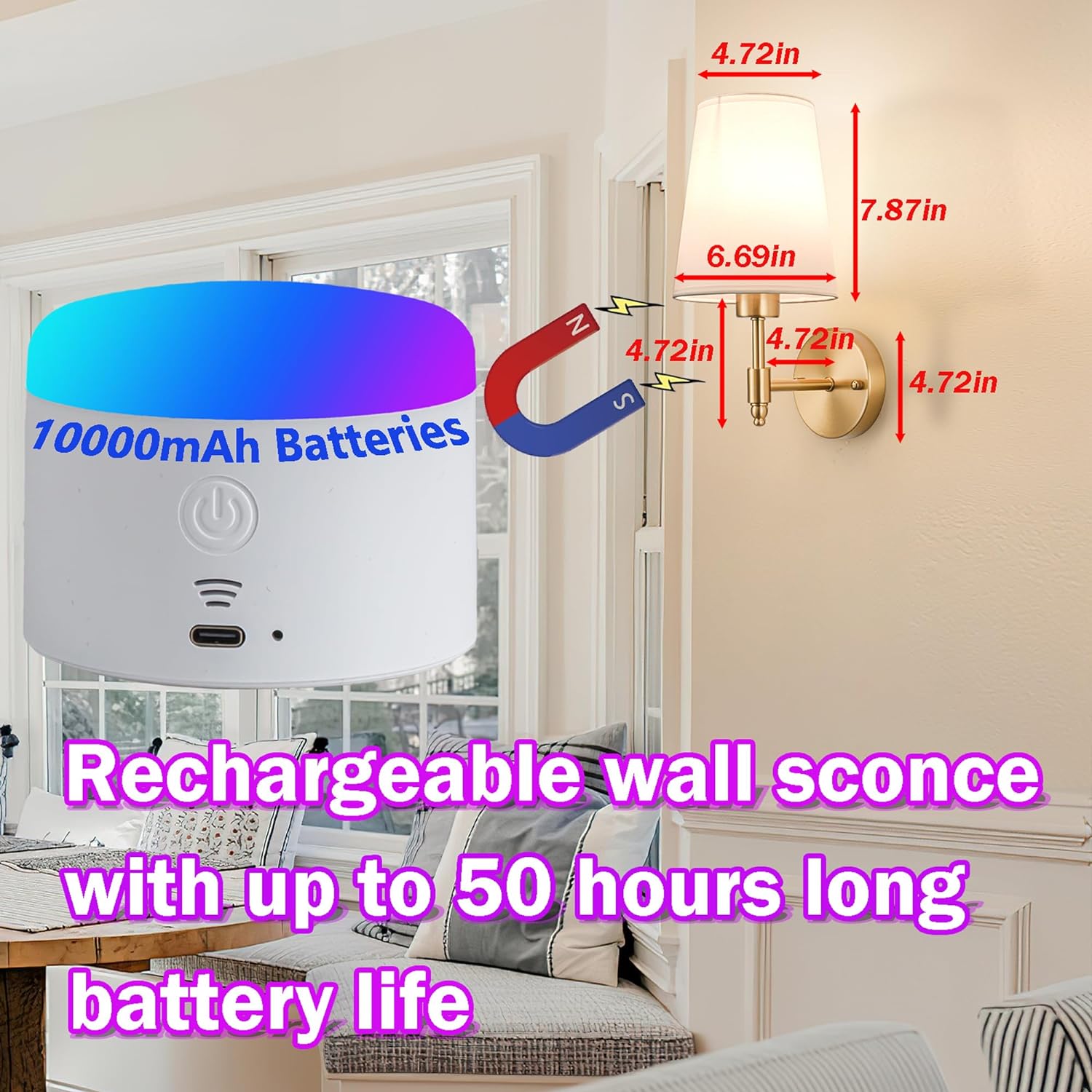 Battery Wall Sconces Set of Two,Battery Operated Sconces Up to 50 Hours Long Life,Rechargeable Cordless Wall Sconce USB Charging, RGB Fabric Wall Lights No Hardwired Need (Color : Brass) - Grand Goldman