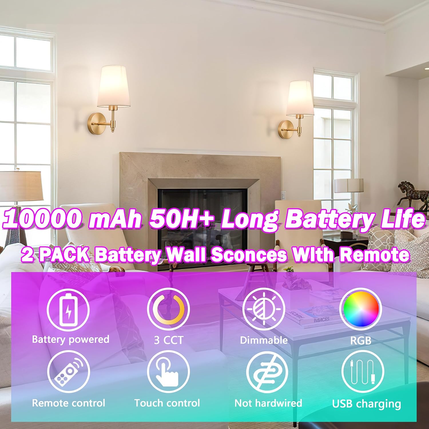 Battery Wall Sconces Set of Two,Battery Operated Sconces Up to 50 Hours Long Life,Rechargeable Cordless Wall Sconce USB Charging, RGB Fabric Wall Lights No Hardwired Need (Color : Brass) - Grand Goldman