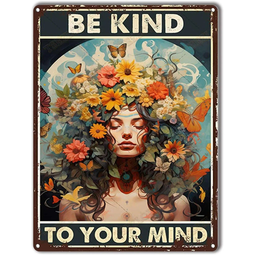 Be Kind To your Mind Girls Metal Tin Signs Flowers Posters Plate Wall Decor for Home Garden Bars Cafe Clubs Retro Posters Plaque - Grand Goldman