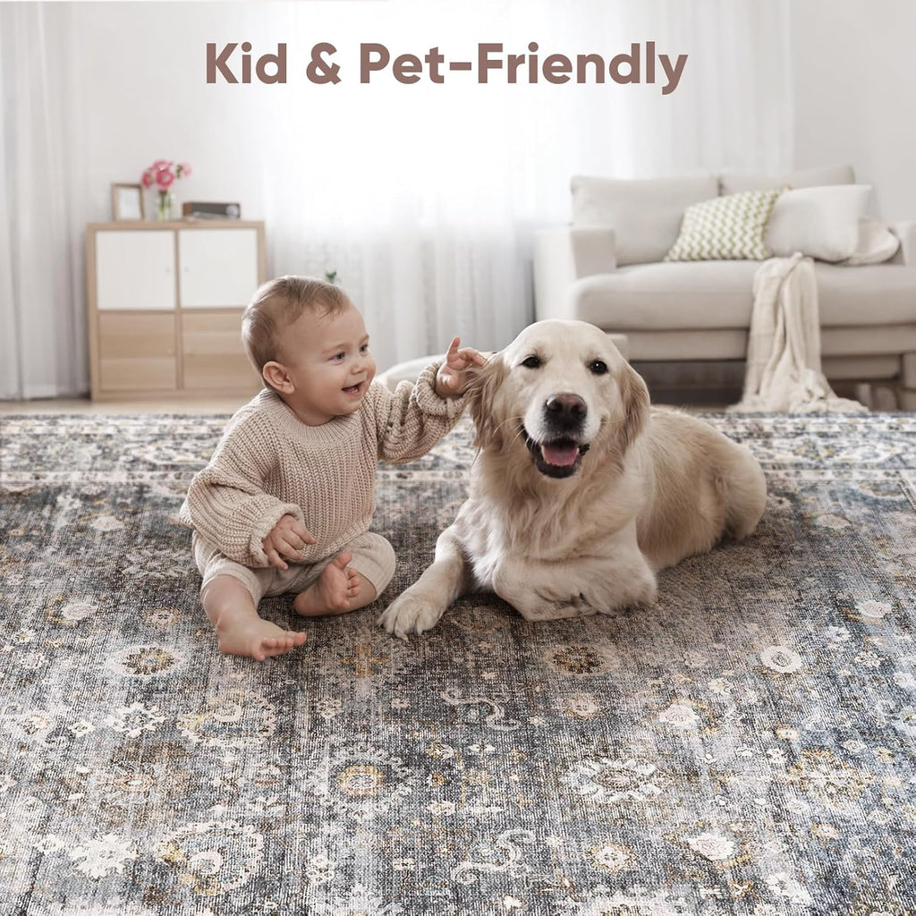 Bedroom Rug 3x5 Rug Washable Area Rug Non Slip Low Pile Small Carpet for Bedroom, Bedside, Kitchen, Entryway, Kids Room, Office, College Dorm Essentials for Girls(Grey and Brown) - Grand Goldman
