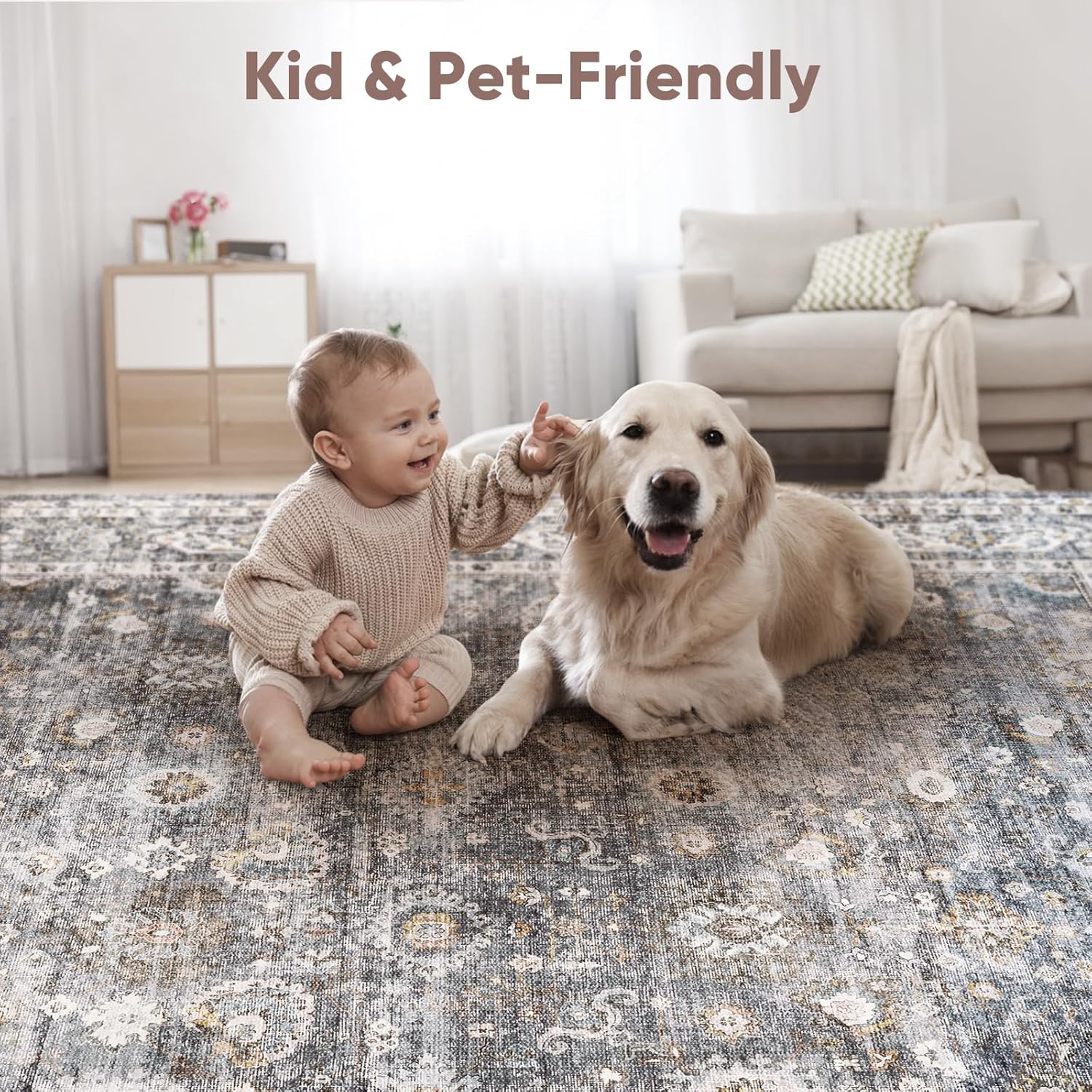 Bedroom Rug 3x5 Rug Washable Area Rug Non Slip Low Pile Small Carpet for Bedroom, Bedside, Kitchen, Entryway, Kids Room, Office, College Dorm Essentials for Girls(Grey and Brown) - Grand Goldman
