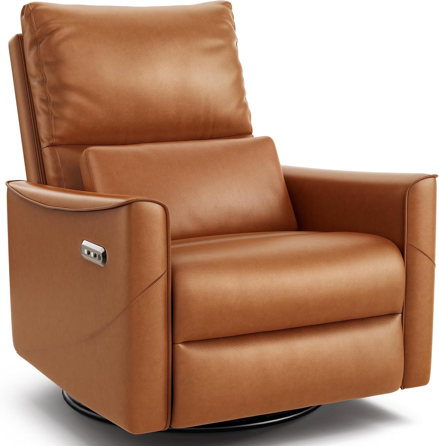BedsPick Power Swivel Rocker Recliner Chair, Upholstered Nursery Recliner with Lumbar Support, Faux Leather Swivel Glider Recliner with USB & Type-C Ports, Electric Recliner Chair for Adults (Brown) - Grand Goldman