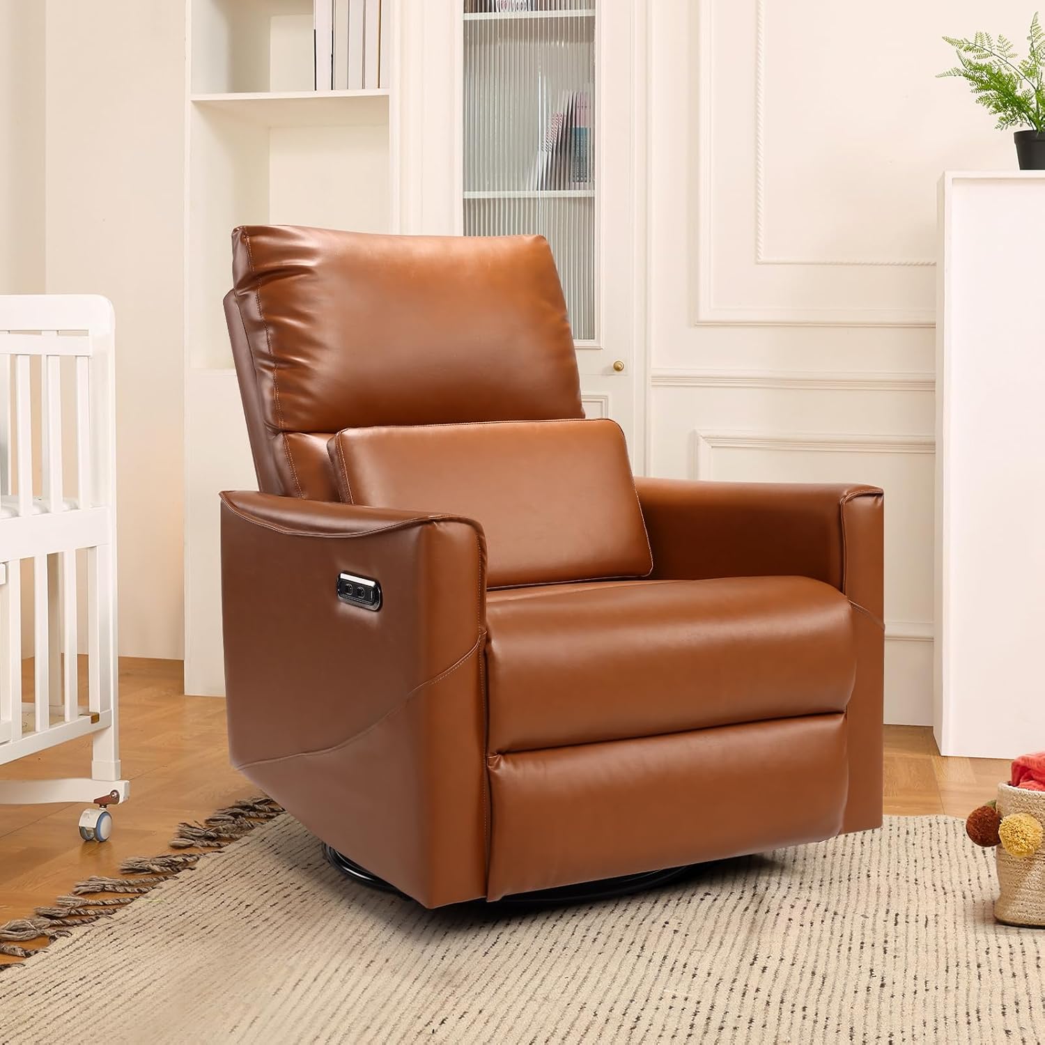 BedsPick Power Swivel Rocker Recliner Chair, Upholstered Nursery Recliner with Lumbar Support, Faux Leather Swivel Glider Recliner with USB & Type-C Ports, Electric Recliner Chair for Adults (Brown) - Grand Goldman