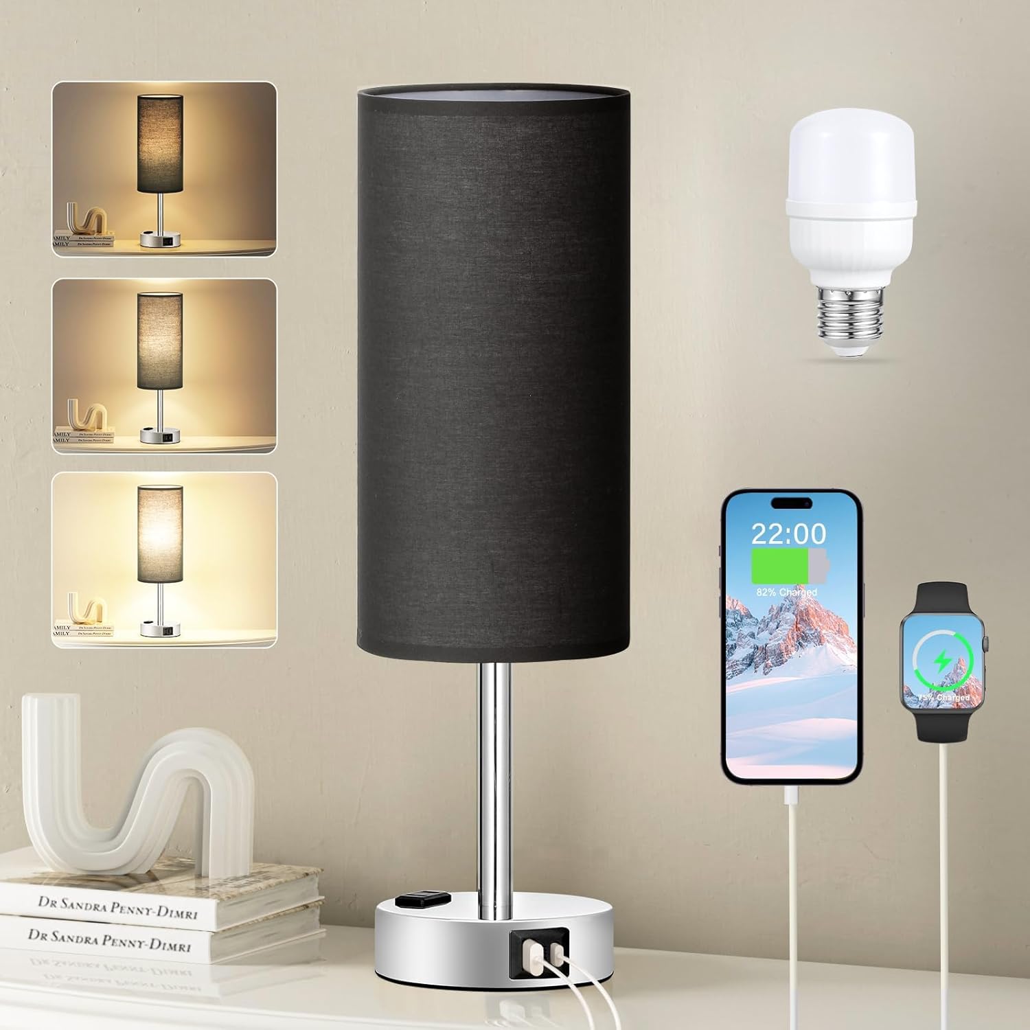 Bedside Table Lamp for Bedroom - 3 Way Dimmable Touch Lamp USB C Charging Ports and AC Outlet, Small Lamp Wood Base Round Flaxen Fabric Shade for Living Room, Desk, LED Bulb Included - Grand Goldman